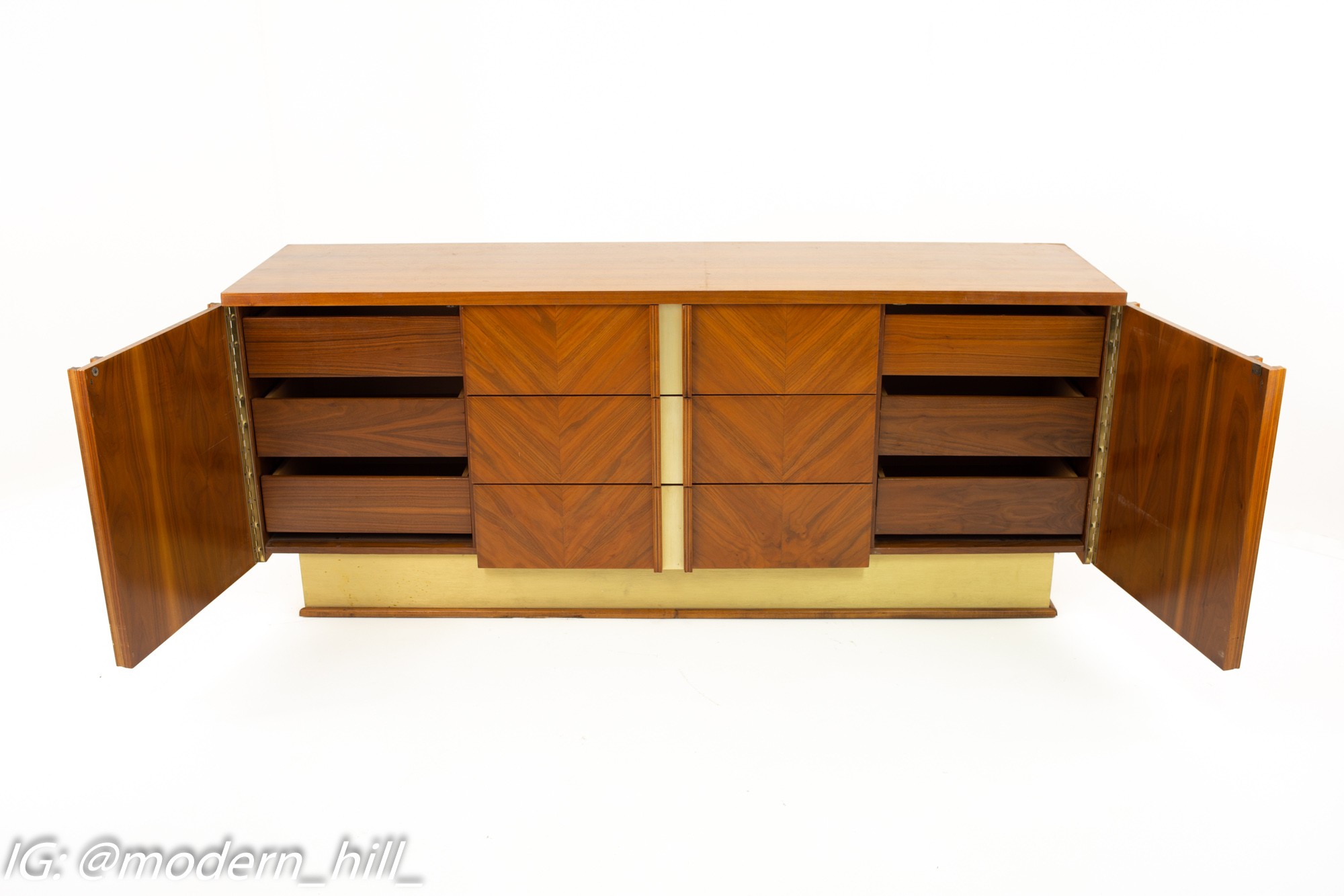 Milo Baughman Style Mid Century Walnut and Chrome 9 Drawer Lowboy Dresser