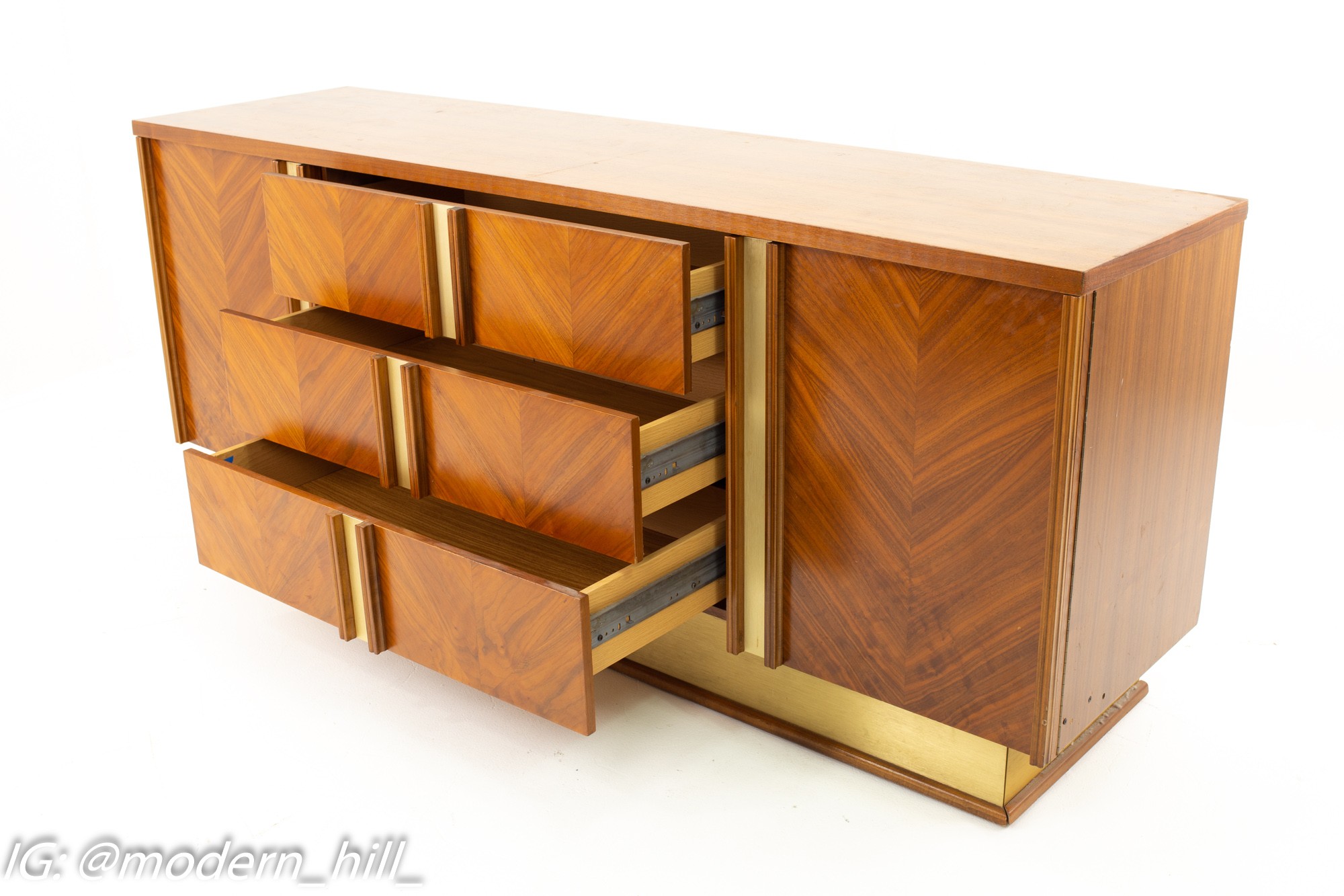 Milo Baughman Style Mid Century Walnut and Chrome 9 Drawer Lowboy Dresser