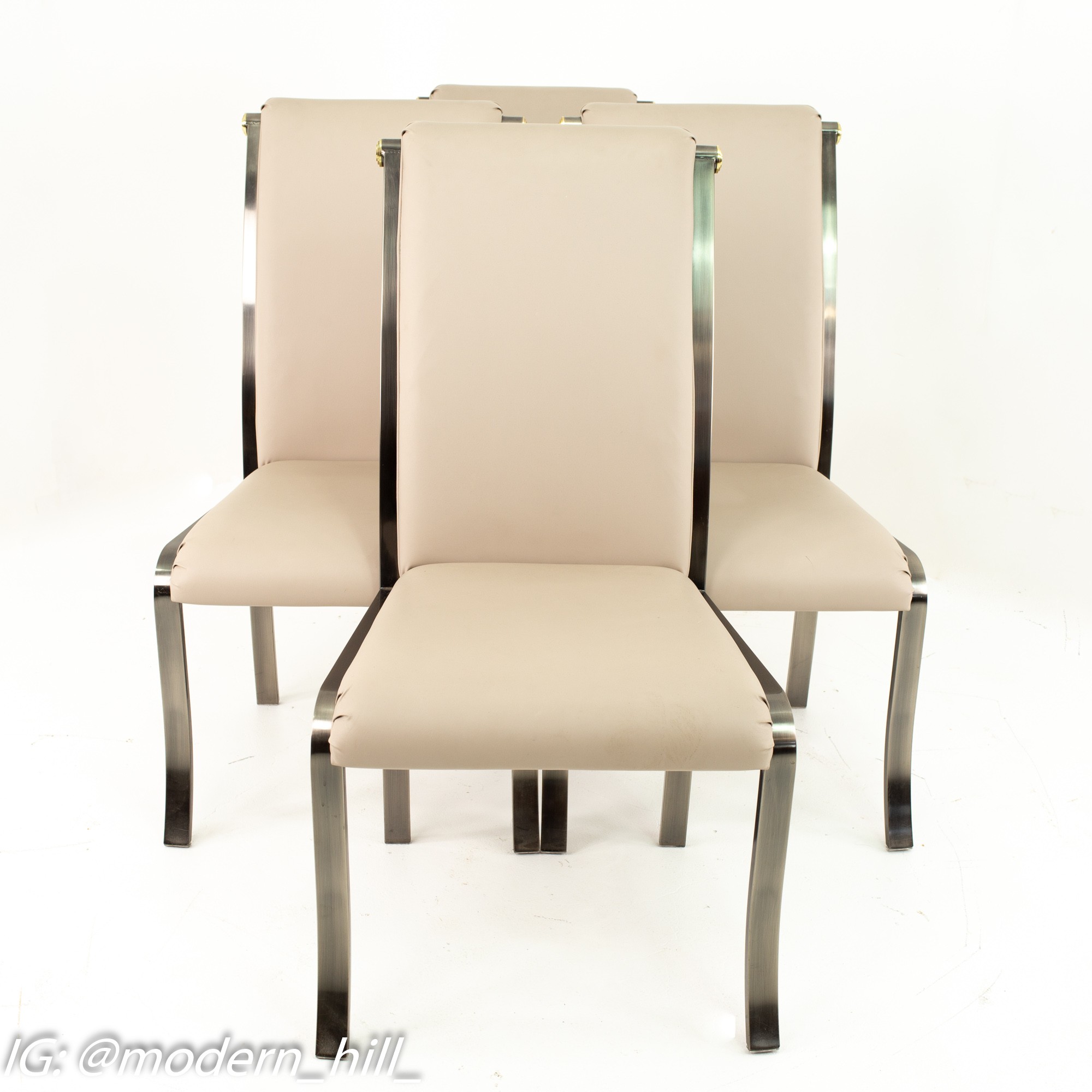 Design Institute of America Mid Century Brass and Brushed Stainless Steel Leather Dining Chairs - Set of 4