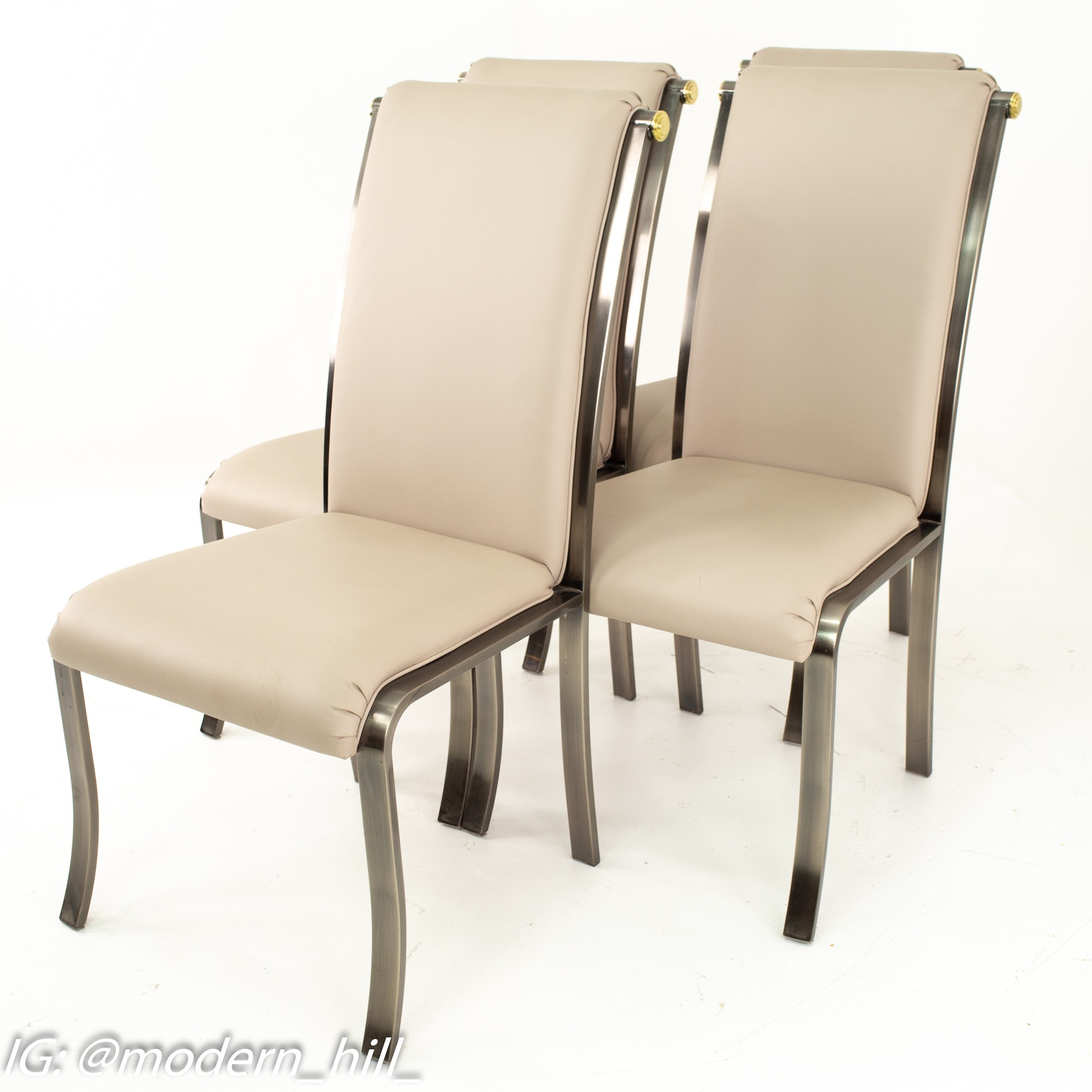 Design Institute of America Mid Century Brass and Brushed Stainless Steel Leather Dining Chairs - Set of 4