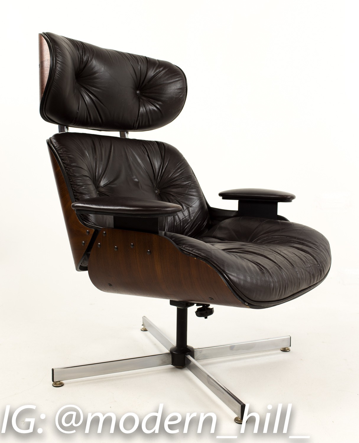 Plycraft Dark Brown Leather Lounge Chair and Ottoman