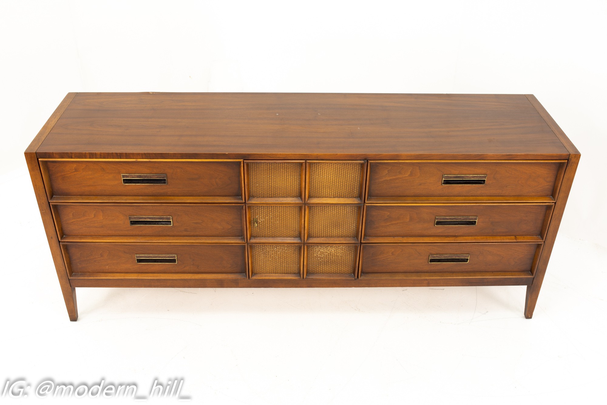 Drexel Mid Century Walnut and Cane 9 Drawer Lowboy Dresser