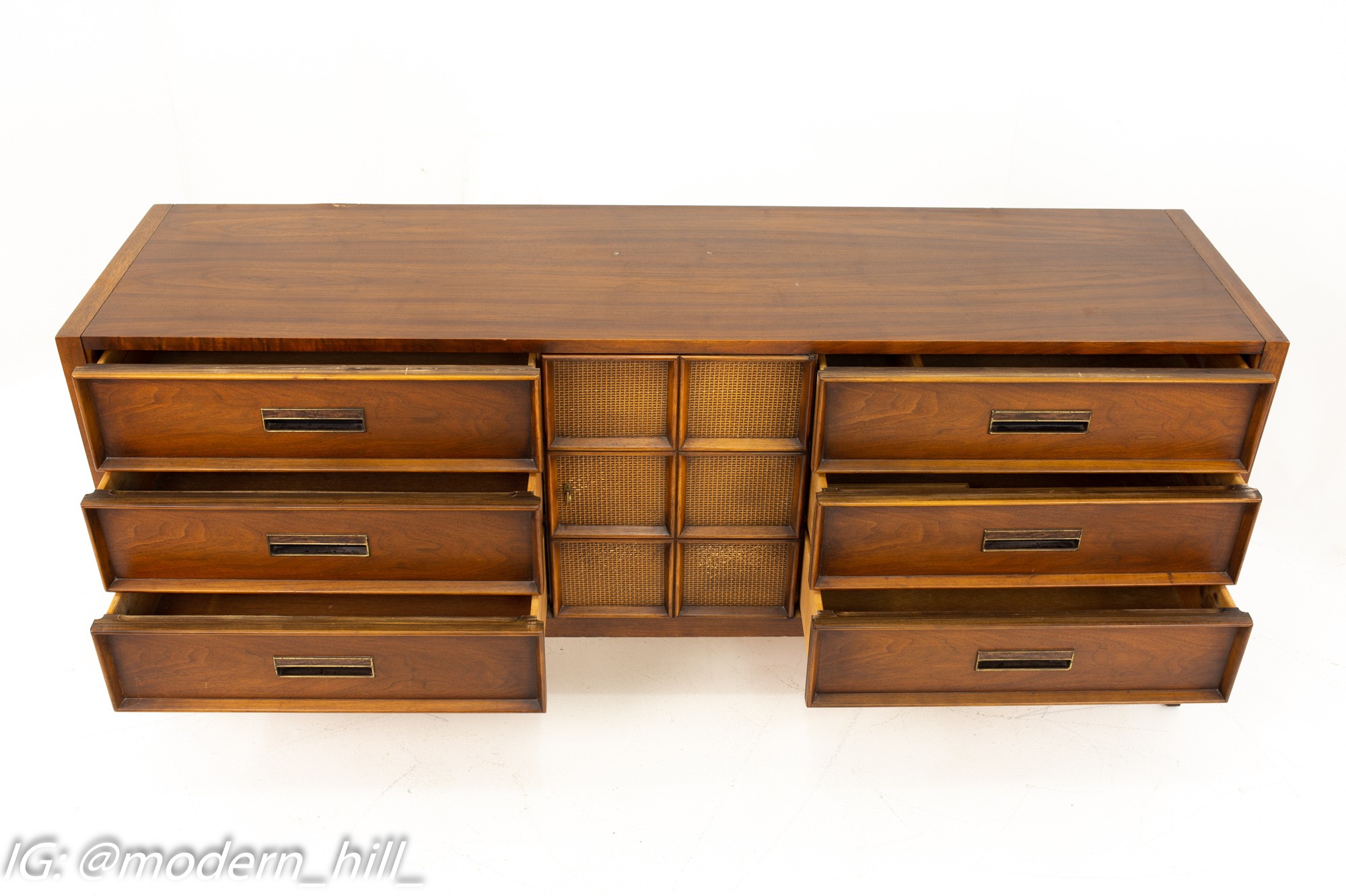 Drexel Mid Century Walnut and Cane 9 Drawer Lowboy Dresser