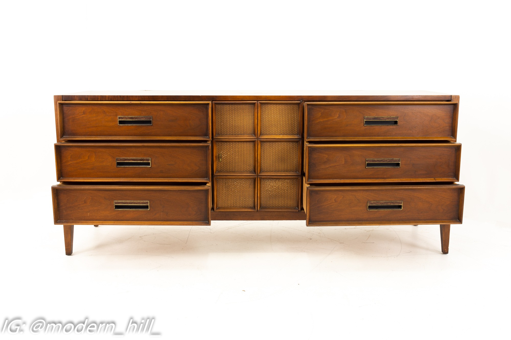 Drexel Mid Century Walnut and Cane 9 Drawer Lowboy Dresser