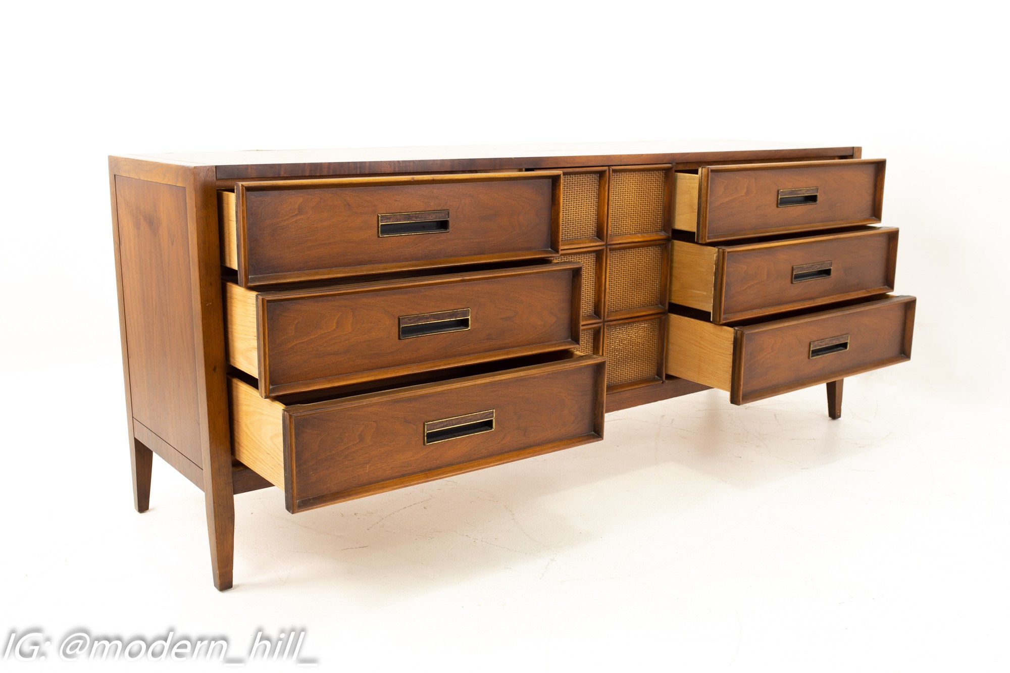 Drexel Mid Century Walnut and Cane 9 Drawer Lowboy Dresser