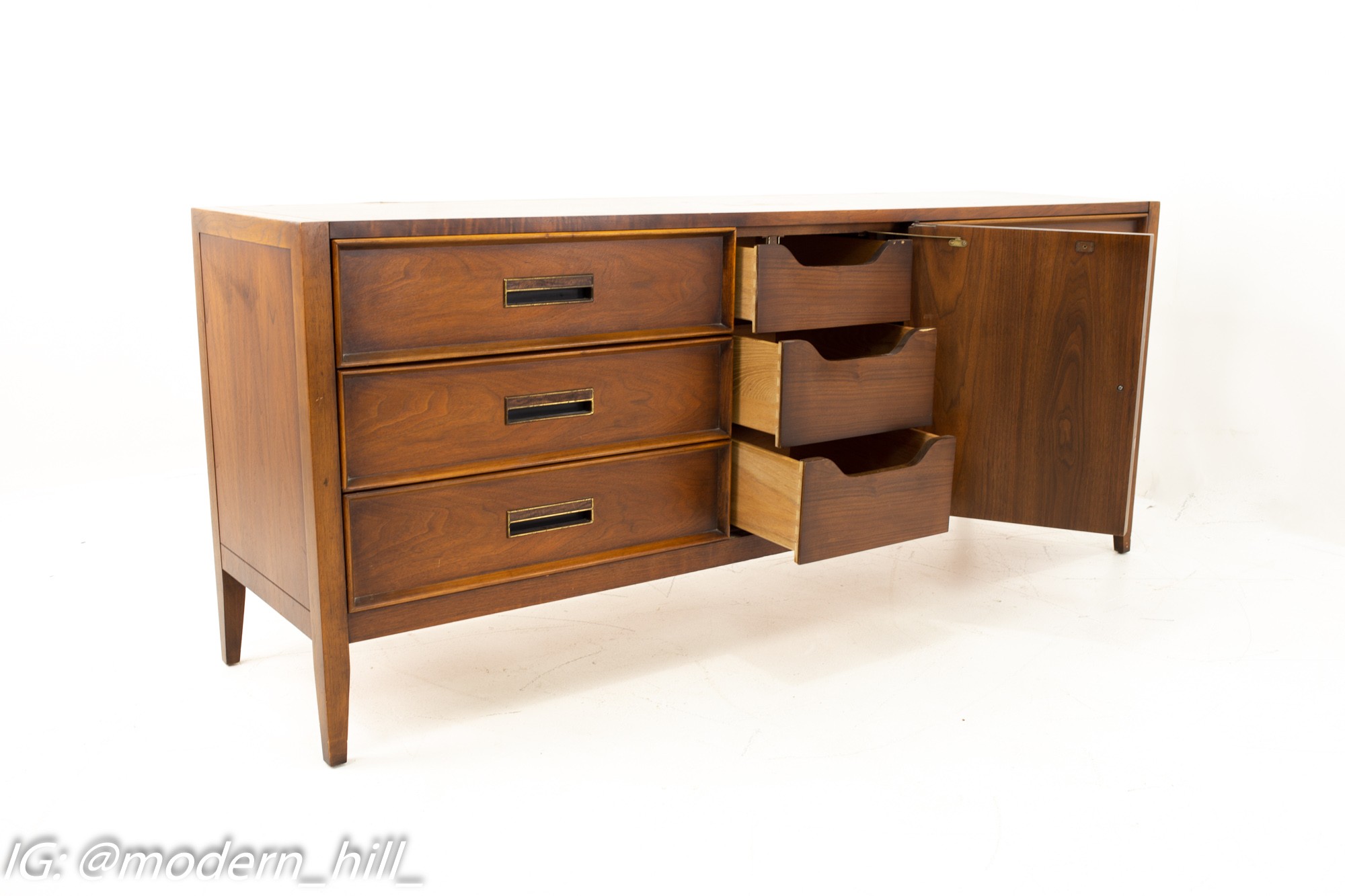 Drexel Mid Century Walnut and Cane 9 Drawer Lowboy Dresser