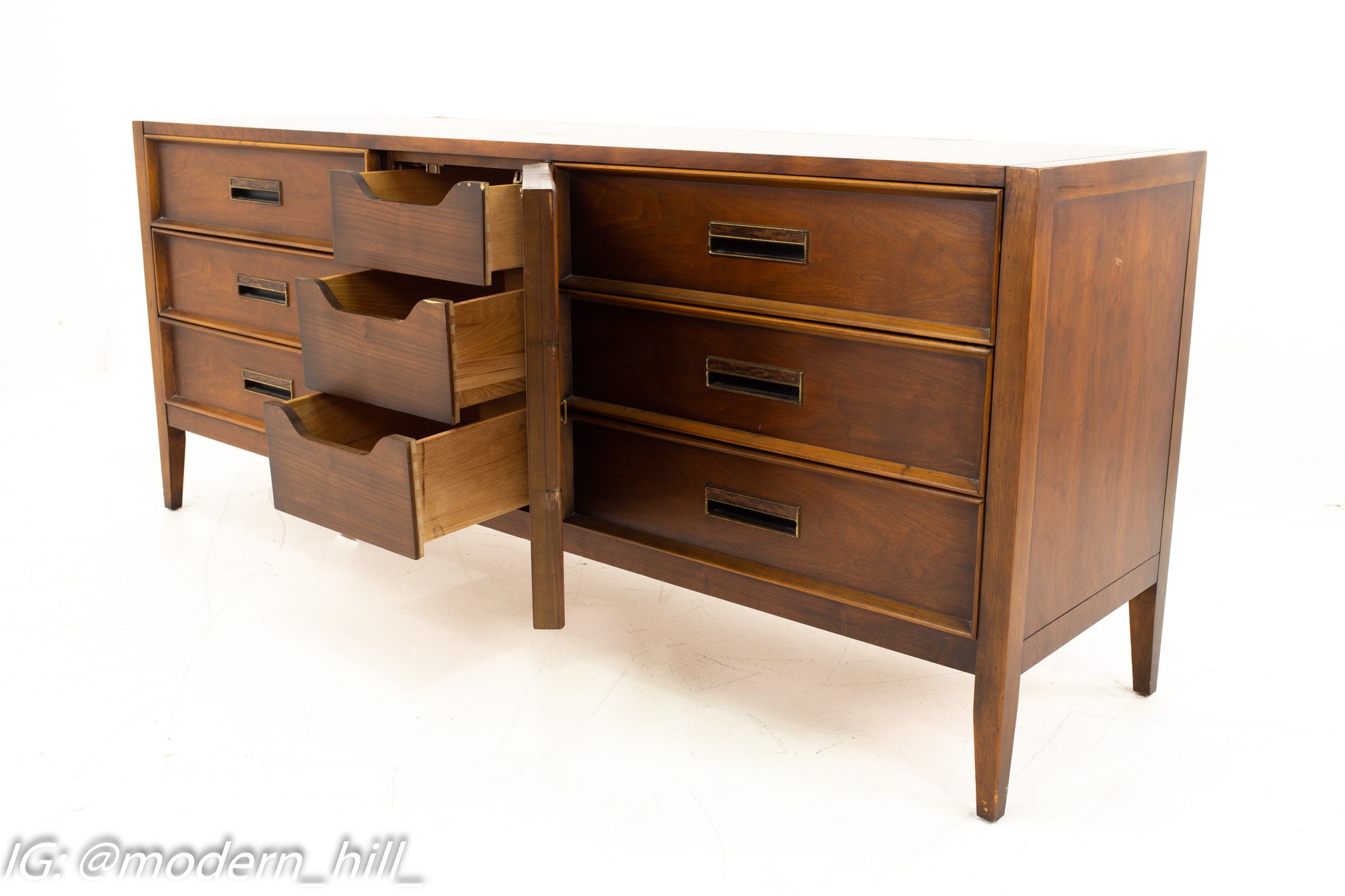 Drexel Mid Century Walnut and Cane 9 Drawer Lowboy Dresser