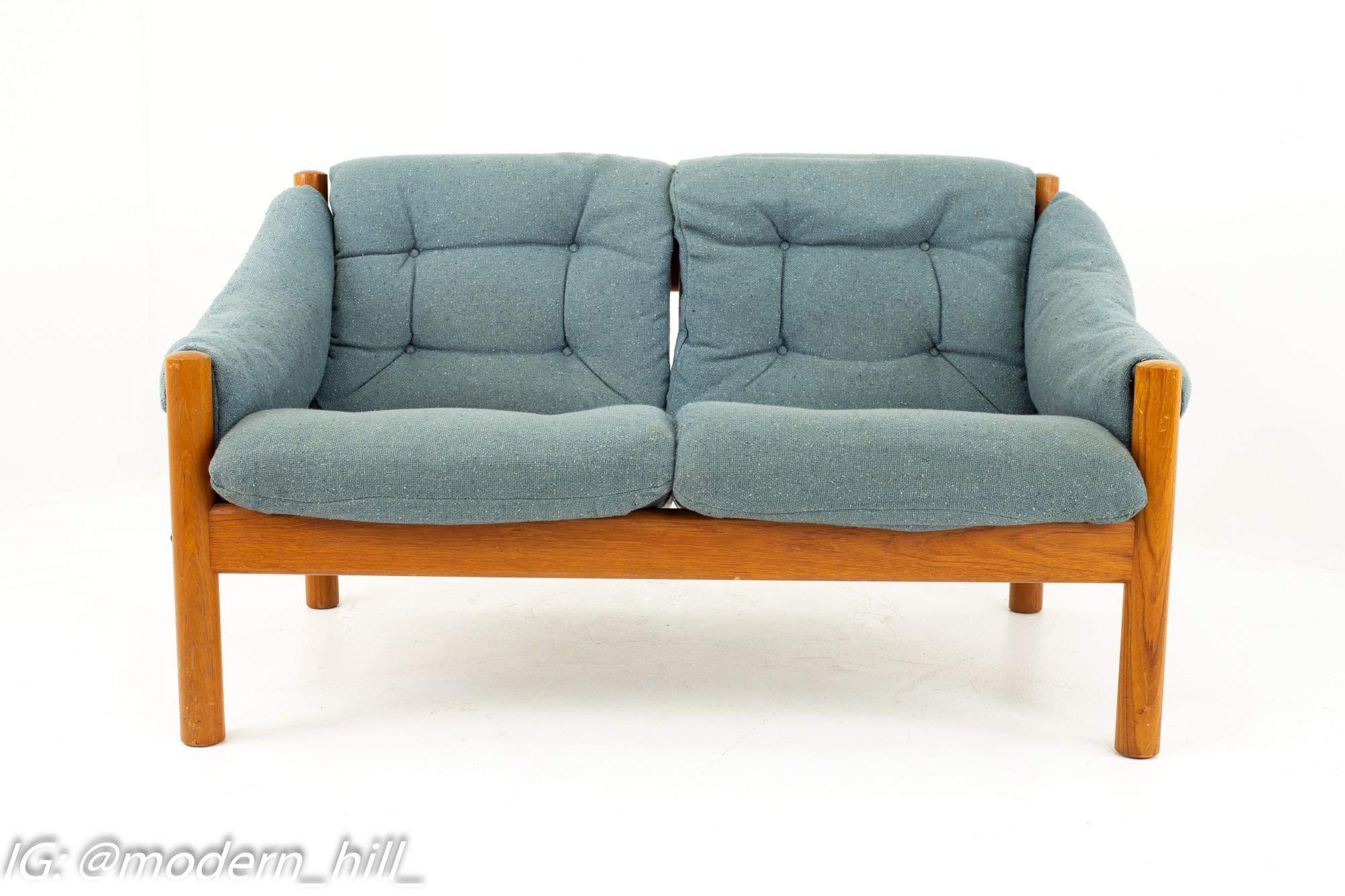 Mid Century Modern Teak and Blue Upholstered Sofa