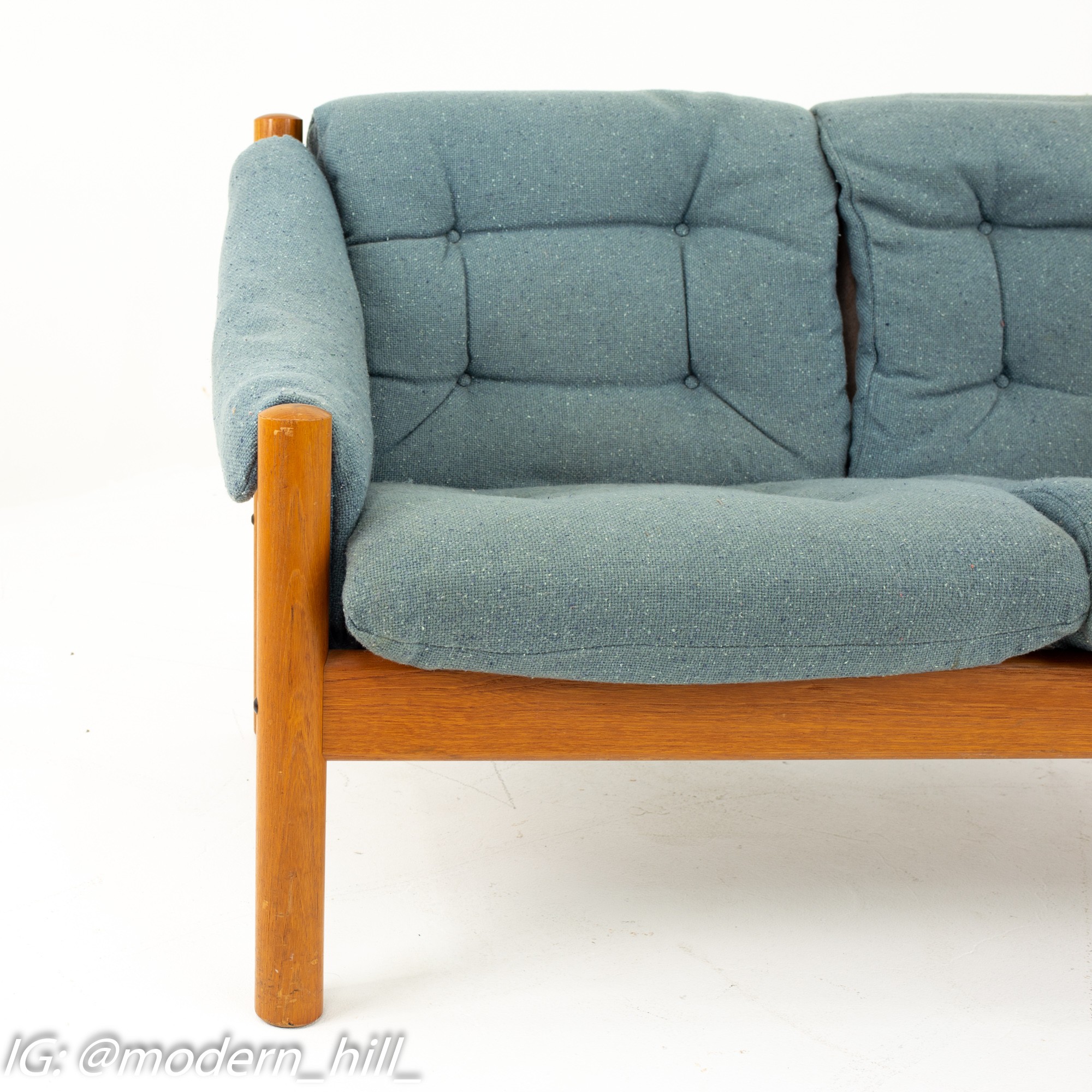 Mid Century Modern Teak and Blue Upholstered Sofa