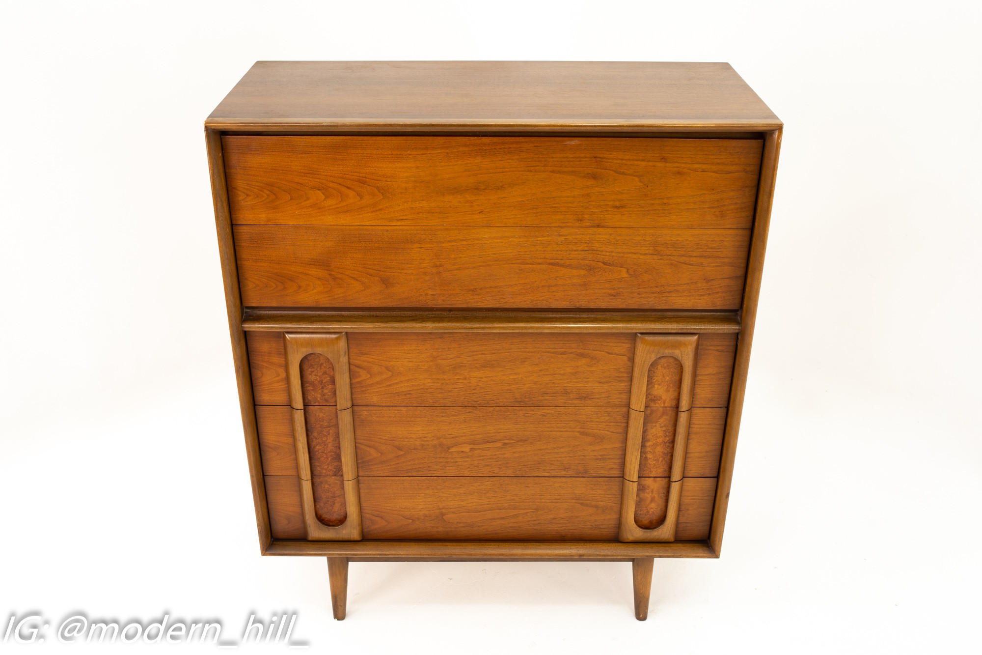 Lane Mid Century Walnut and Burlwood 5 Drawer Highboy Dresser