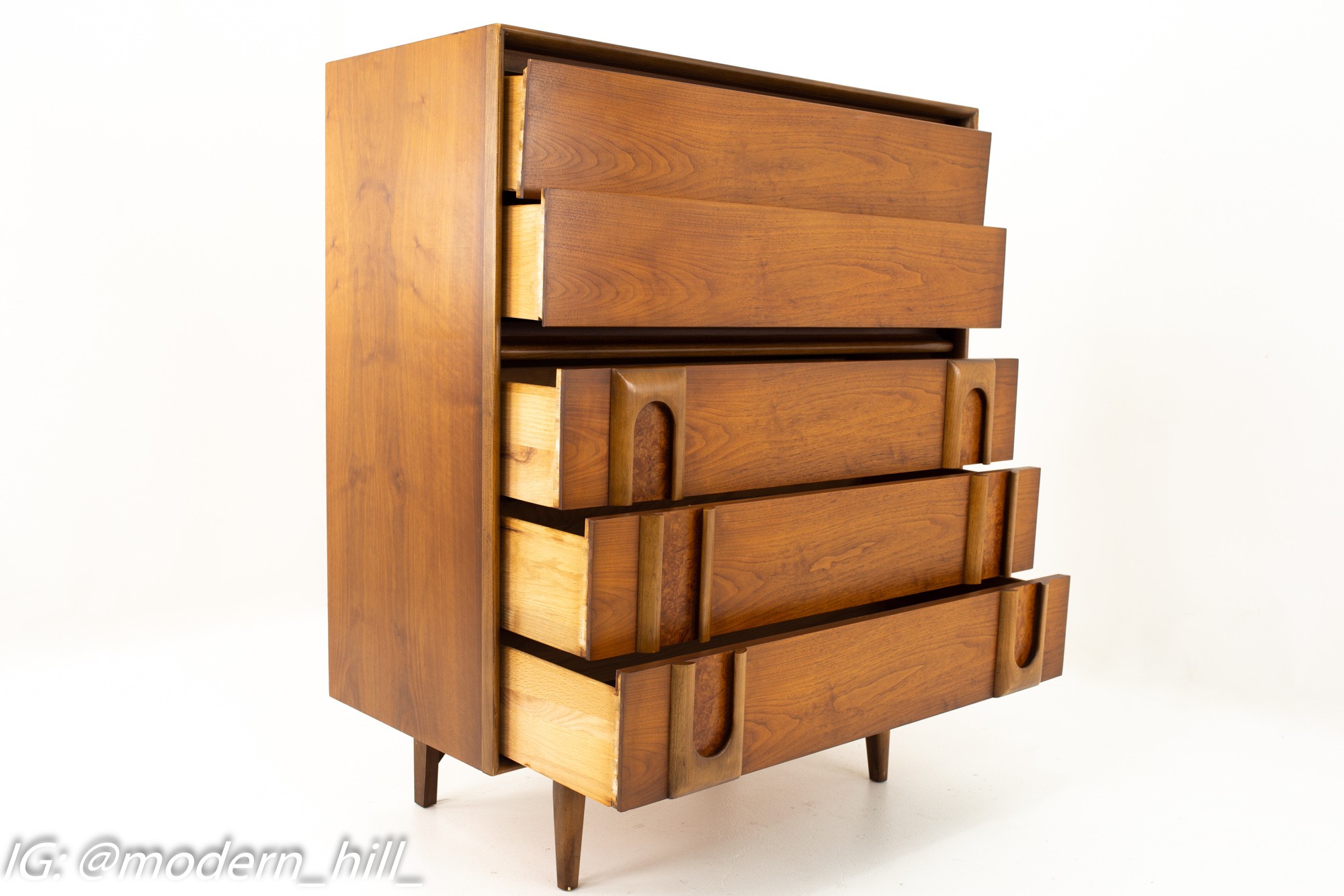 Lane Mid Century Walnut and Burlwood 5 Drawer Highboy Dresser