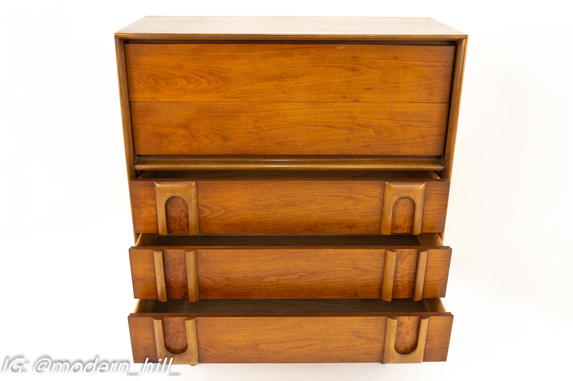 Lane Mid Century Walnut and Burlwood 5 Drawer Highboy Dresser