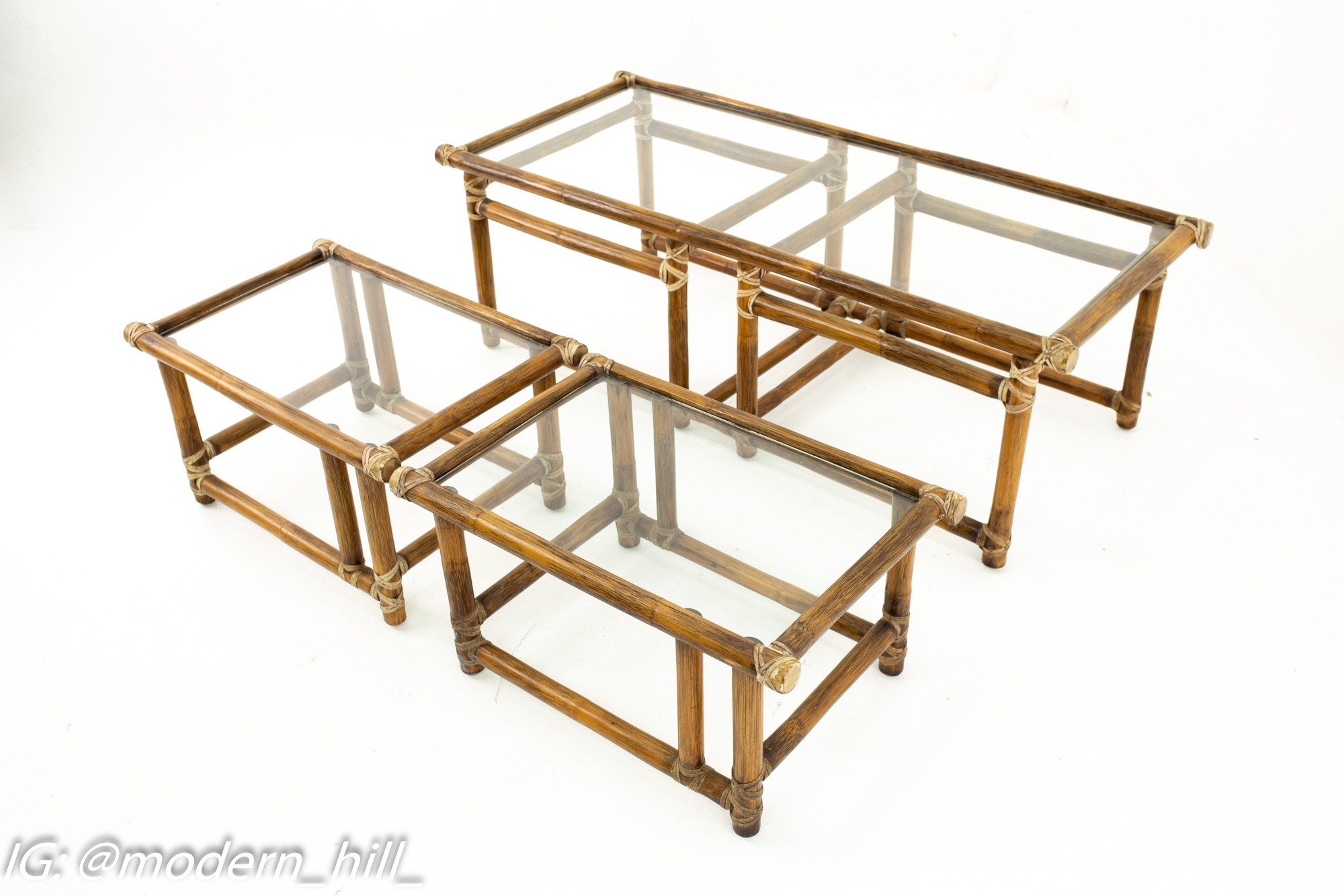 Mcguire of California Mid Century Bamboo and Glass Nesting Coffee and Side Tables - Set of 3