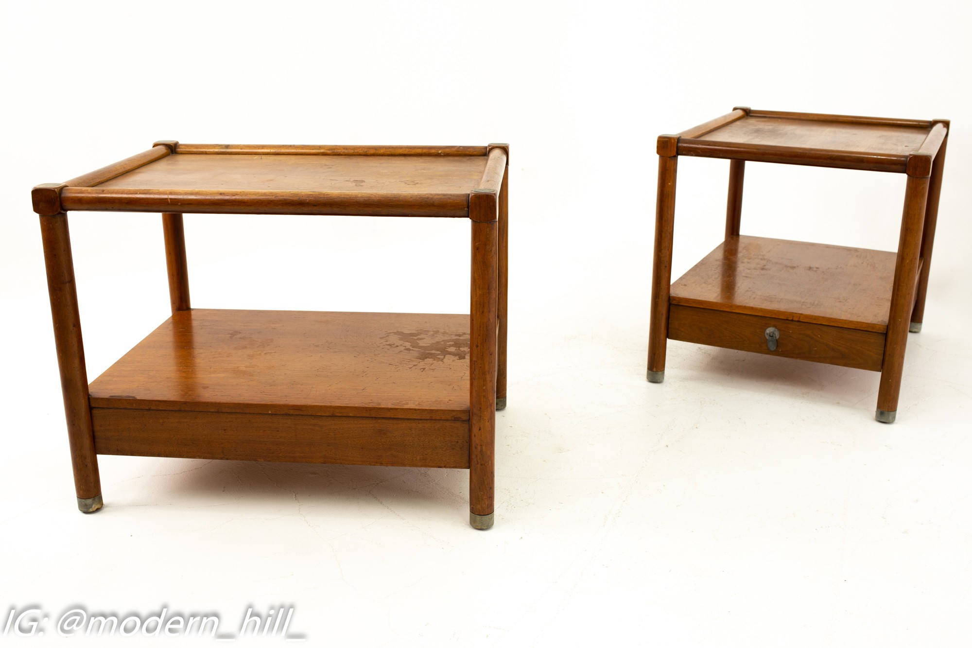 American of Martinsville Mid Century Single-drawer Side Table with Metal Accents - Pair