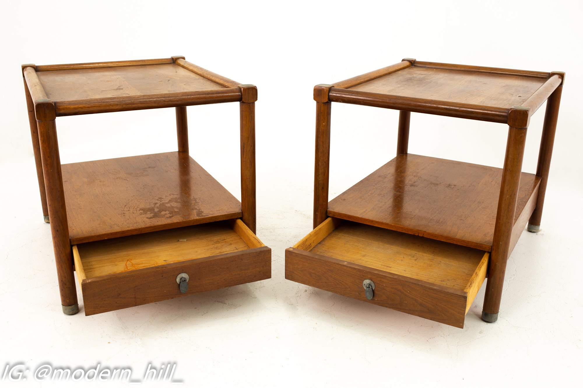 American of Martinsville Mid Century Single-drawer Side Table with Metal Accents - Pair