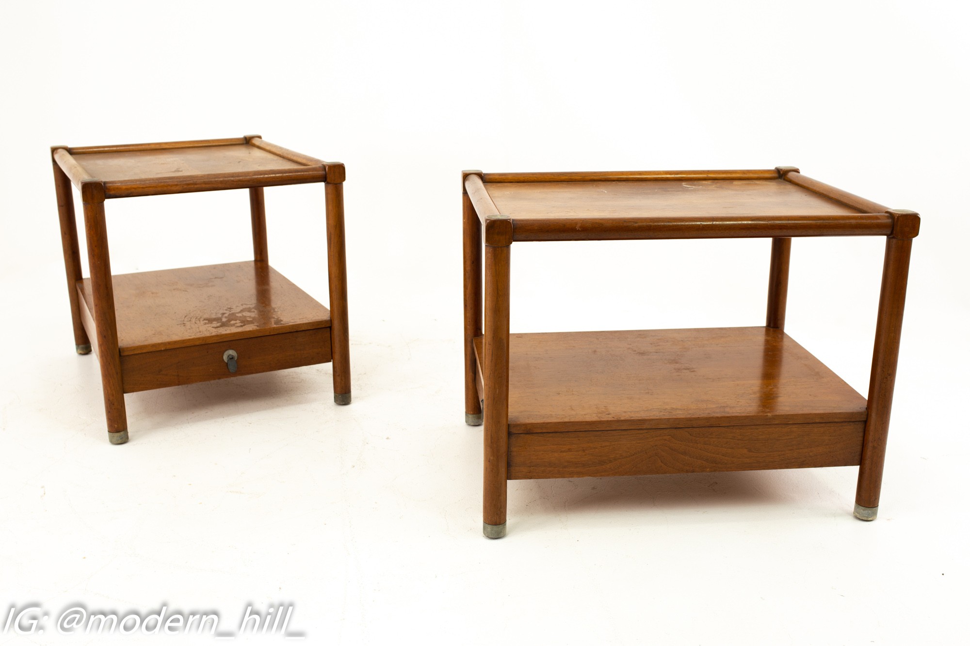 American of Martinsville Mid Century Single-drawer Side Table with Metal Accents - Pair