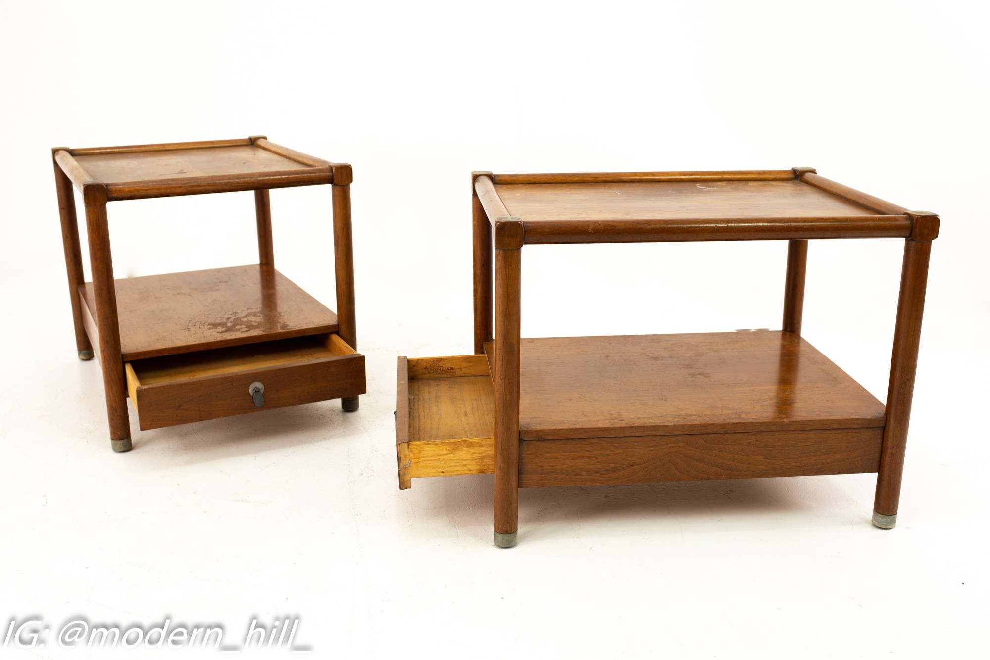 American of Martinsville Mid Century Single-drawer Side Table with Metal Accents - Pair