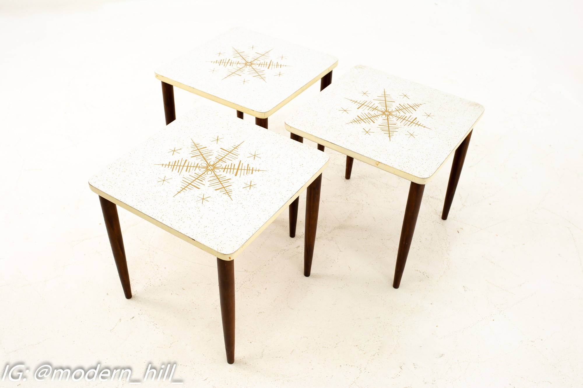 Mid Century Walnut and White Laminate End Tables - Set of 3