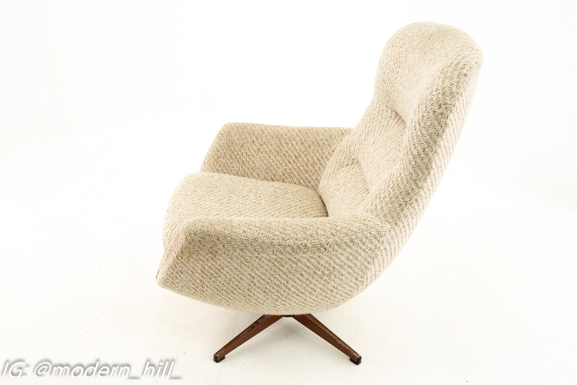 Mid Century Upholstered Swivel Lounge Chairs with One Ottoman in Tan - Pair