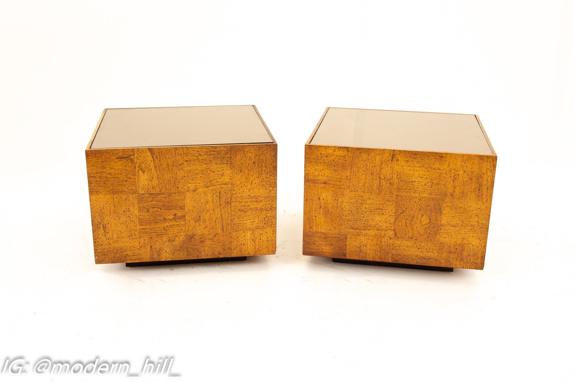 Milo Baughman Style Mid Century Square Oak and Smoked Glass Side End Tables - Pair