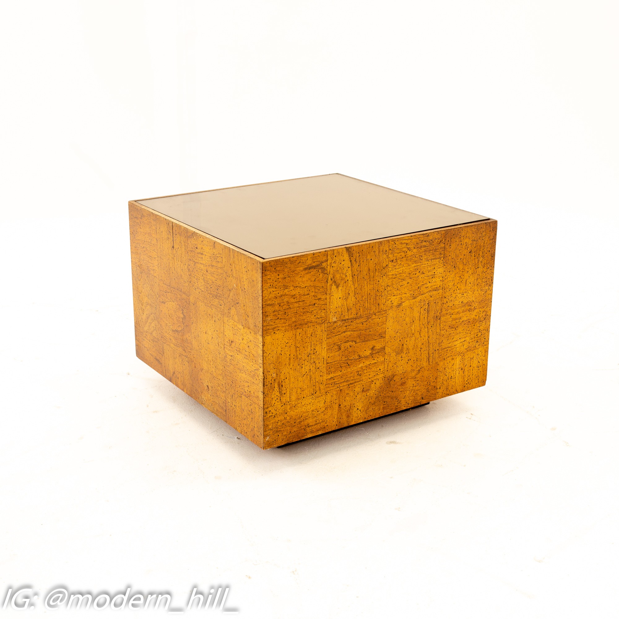 Milo Baughman Style Mid Century Square Oak and Smoked Glass Side End Tables - Pair