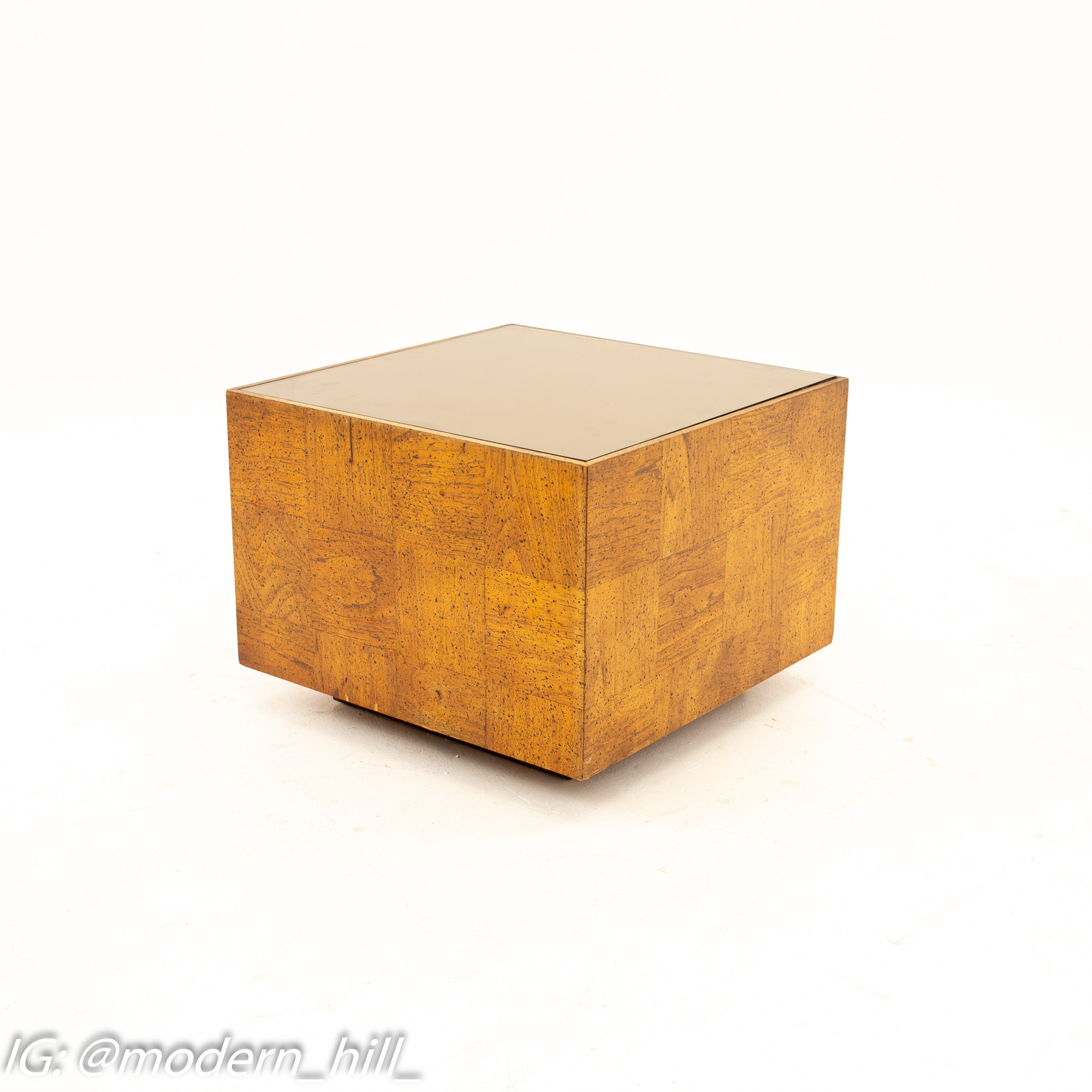Milo Baughman Style Mid Century Square Oak and Smoked Glass Side End Tables - Pair