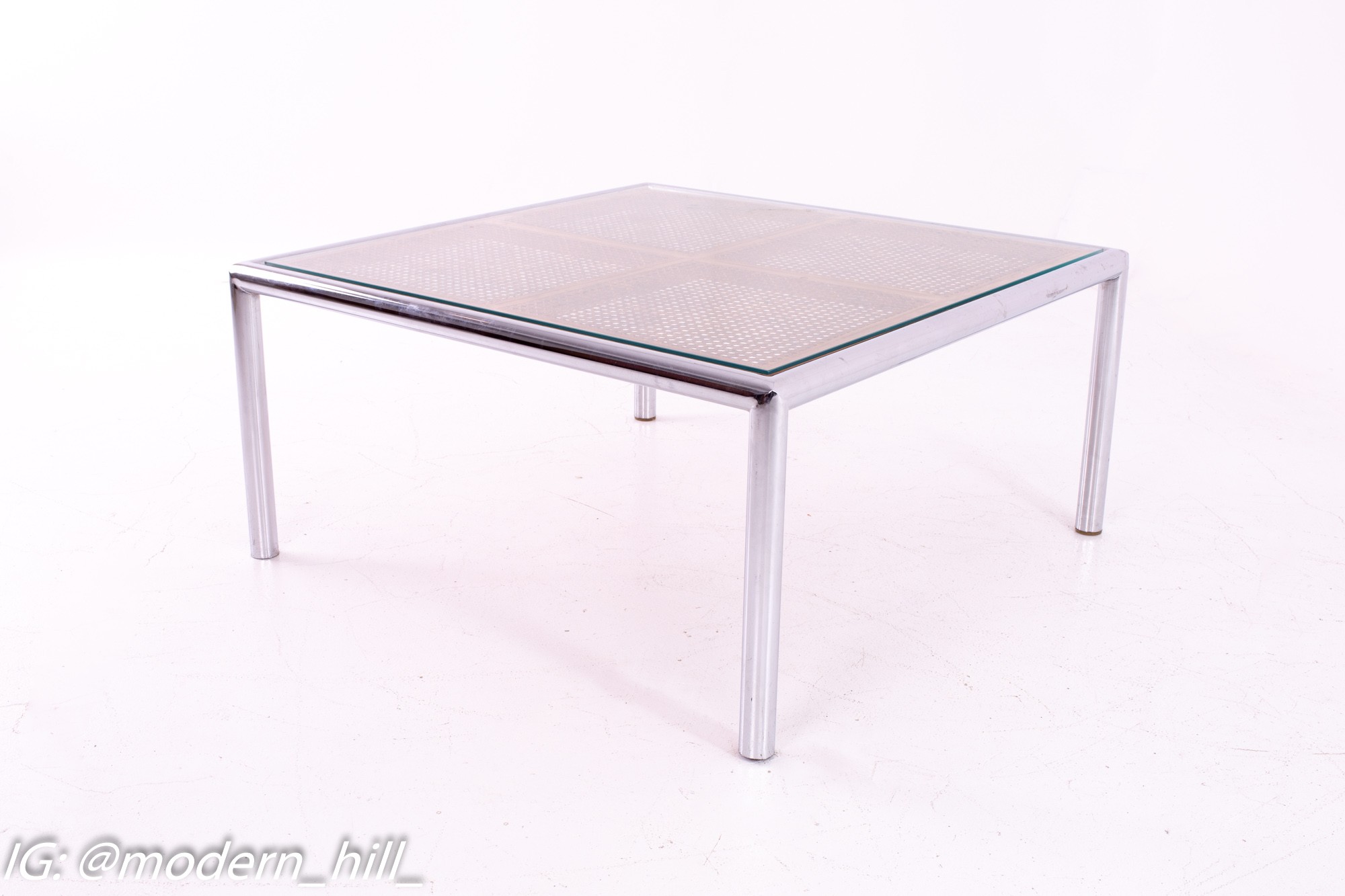 Milo Baughman Mid Century Cane and Chrome Glass Top Coffee Table