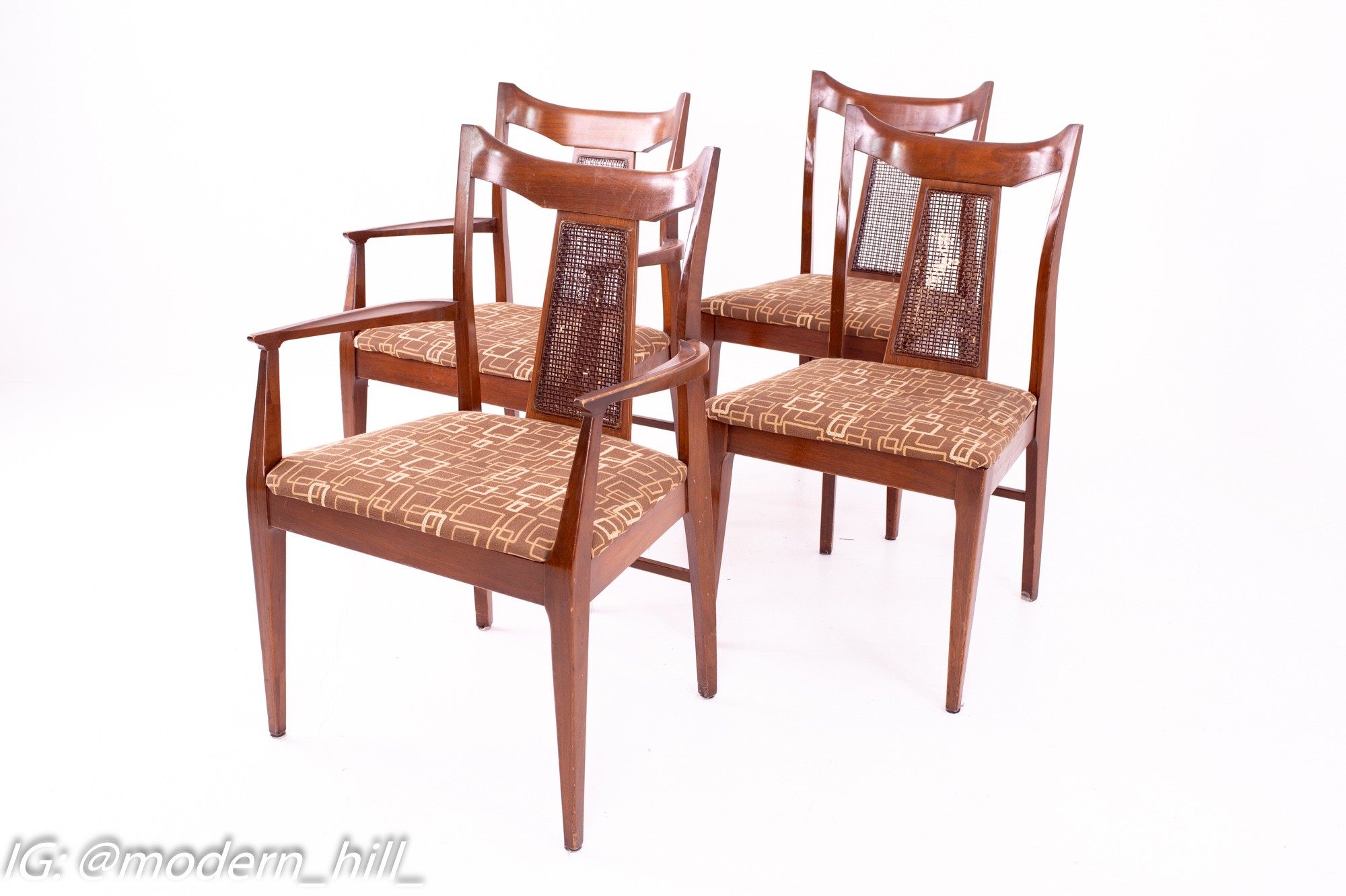 Jack Lenor Larsen Style Mid Century Walnut and Cane Upholstered Dining Chairs - Set of 4