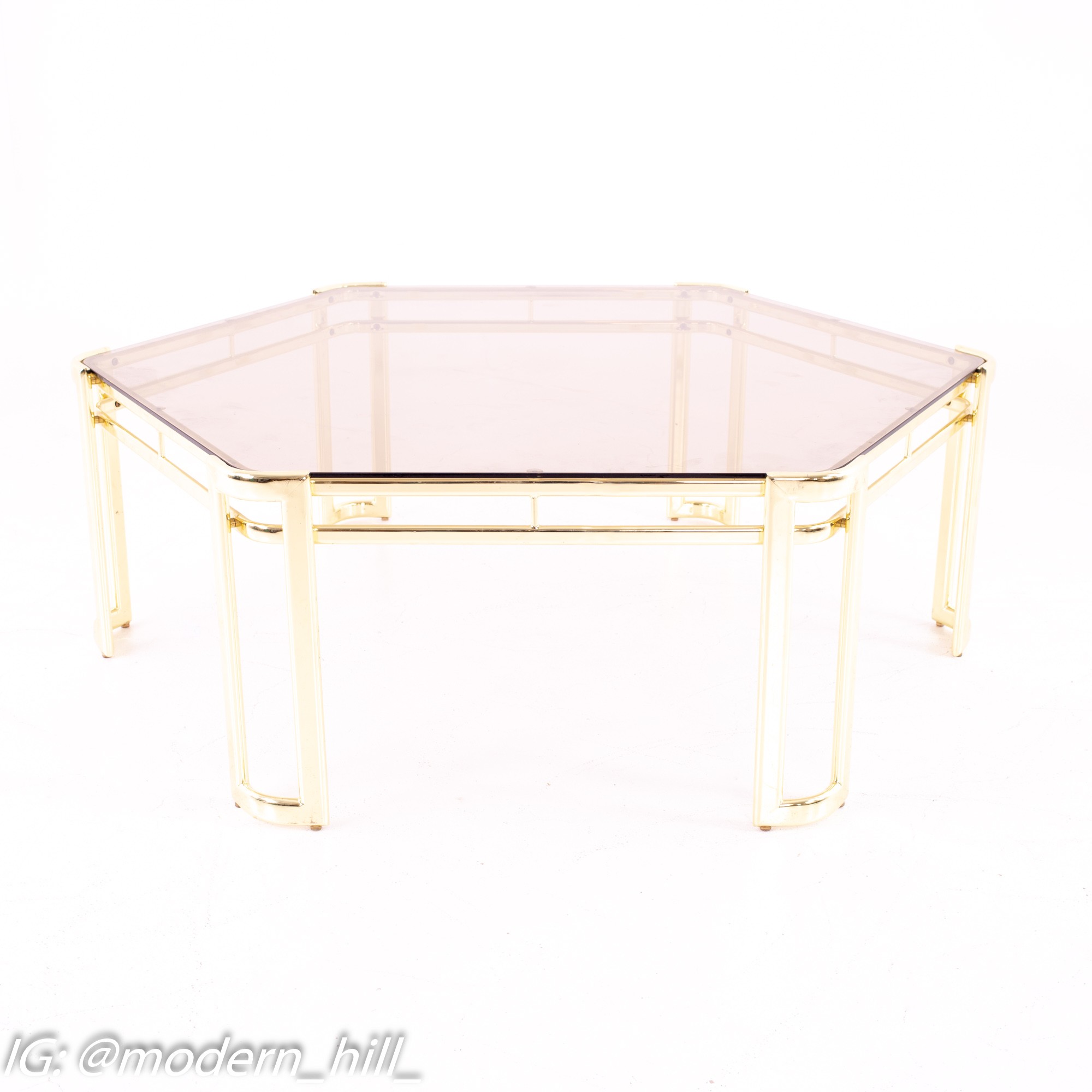 Morex Mid Century Hexagonal Smoked Glass and Brass Coffee Table