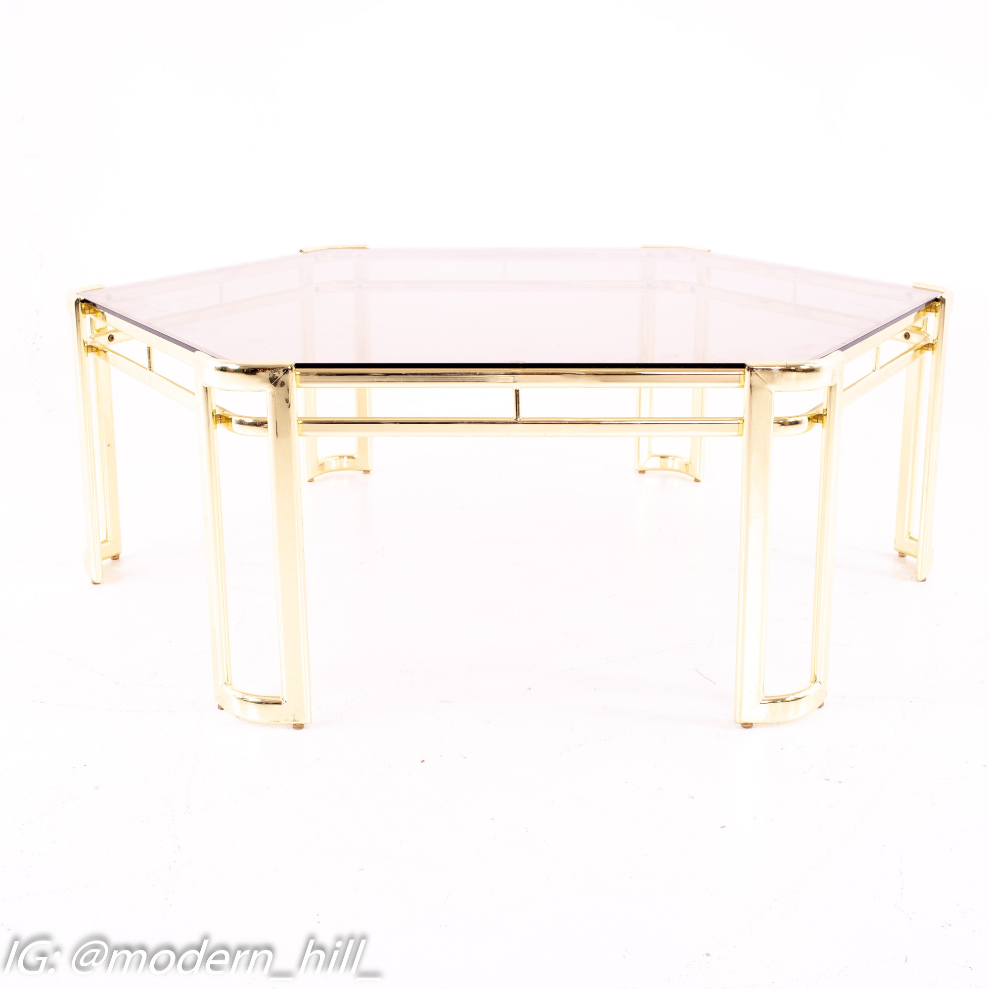 Morex Mid Century Hexagonal Smoked Glass and Brass Coffee Table
