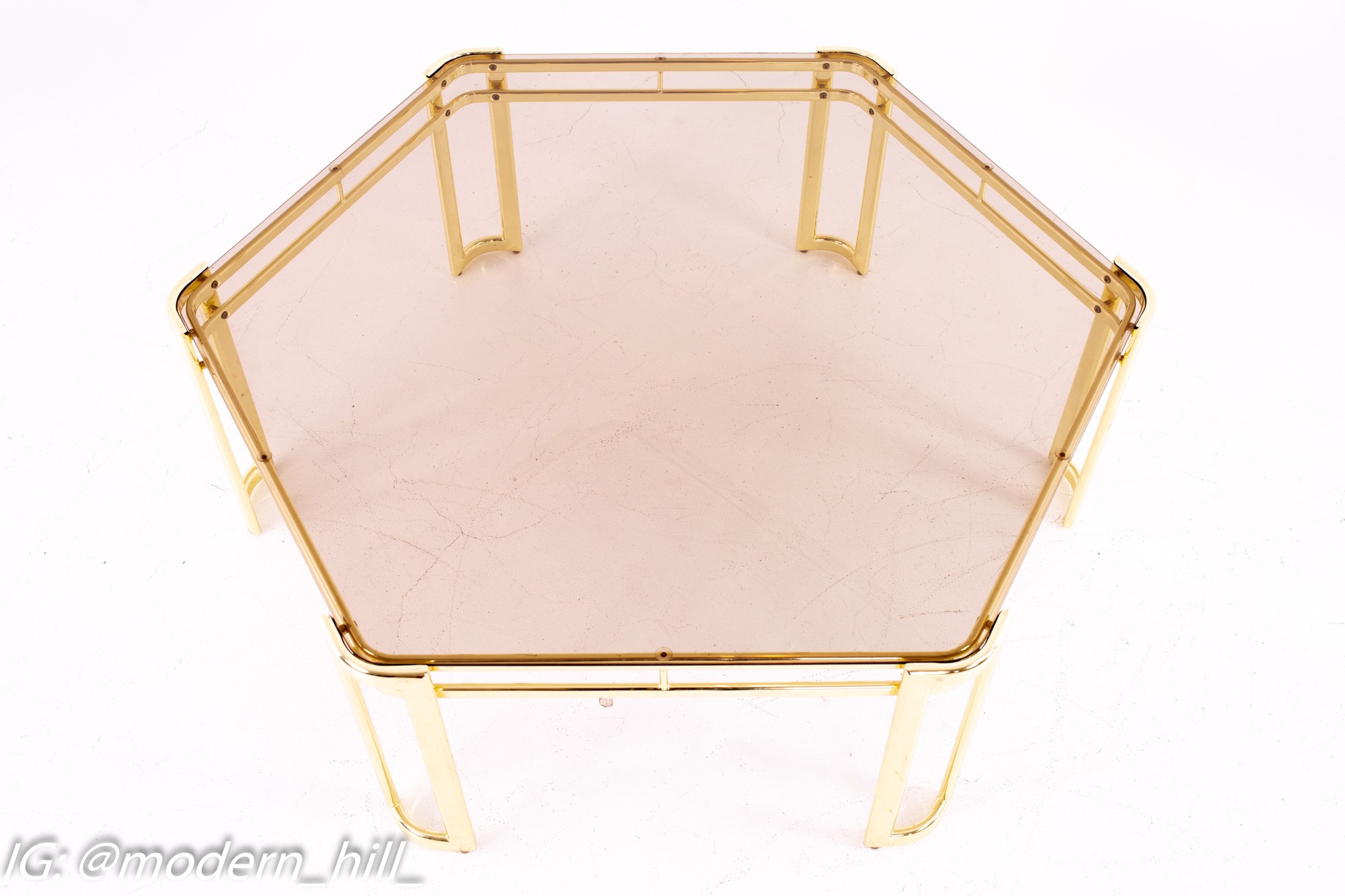 Morex Mid Century Hexagonal Smoked Glass and Brass Coffee Table