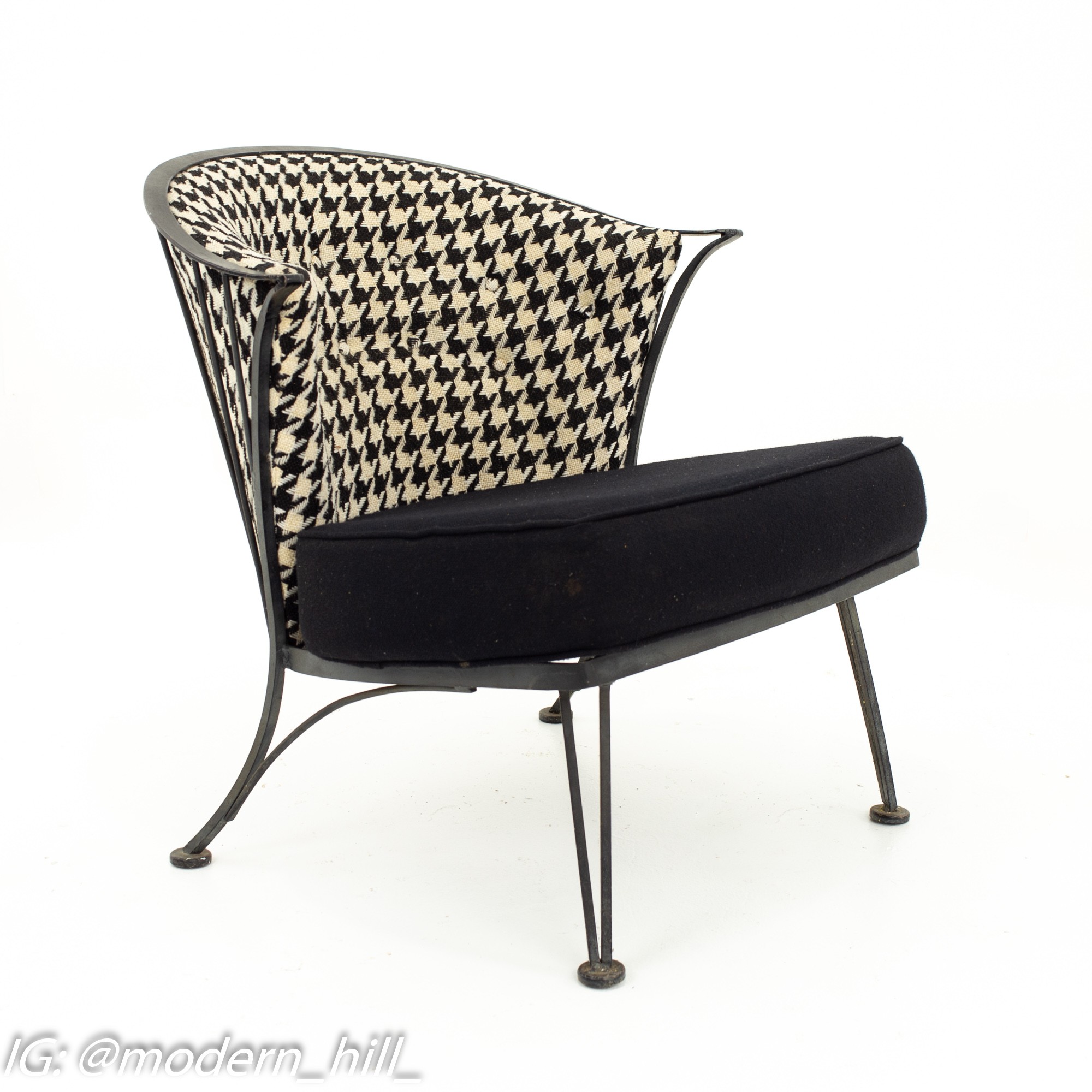 Salterini Mid Century Outdoor Wrought Iron and Black and White Houndstooth Patio Chairs - Set of 3