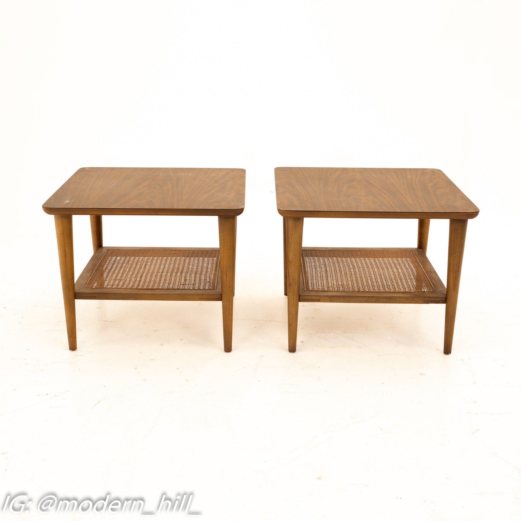 Lane Mid Century Walnut Cane and Formica Side End Tables - Pair
