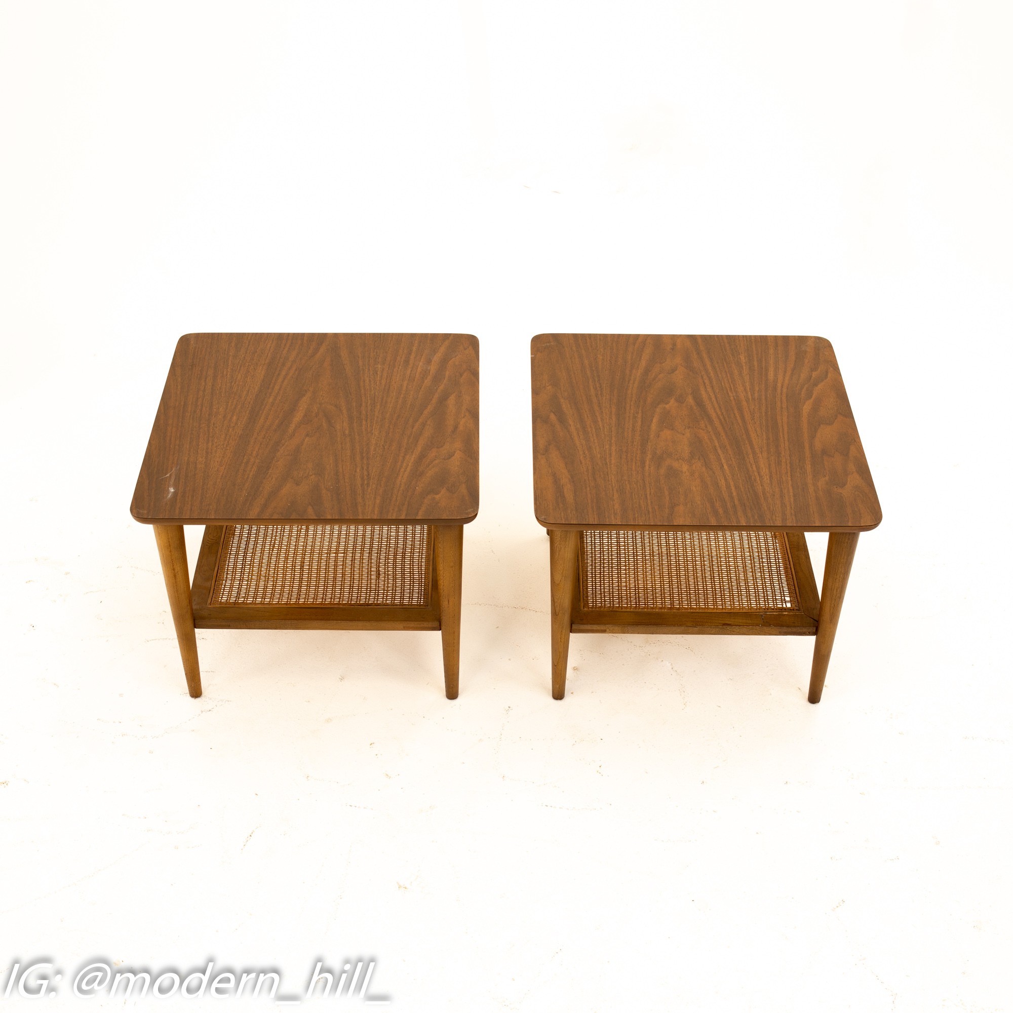 Lane Mid Century Walnut Cane and Formica Side End Tables - Pair