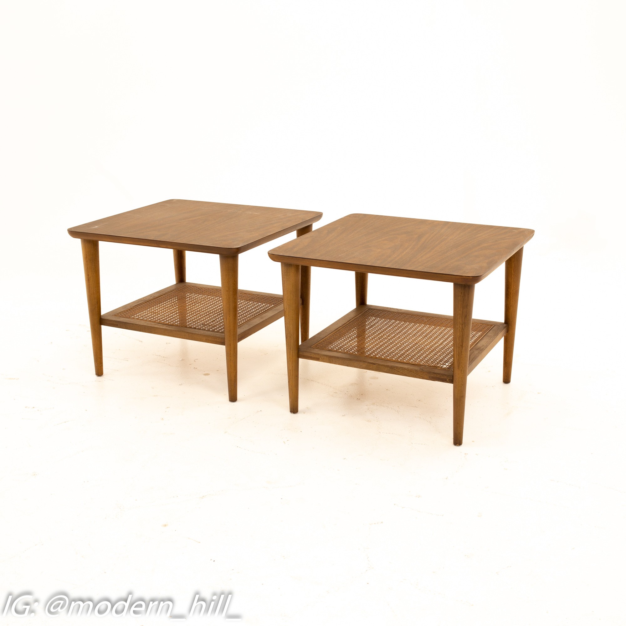 Lane Mid Century Walnut Cane and Formica Side End Tables - Pair