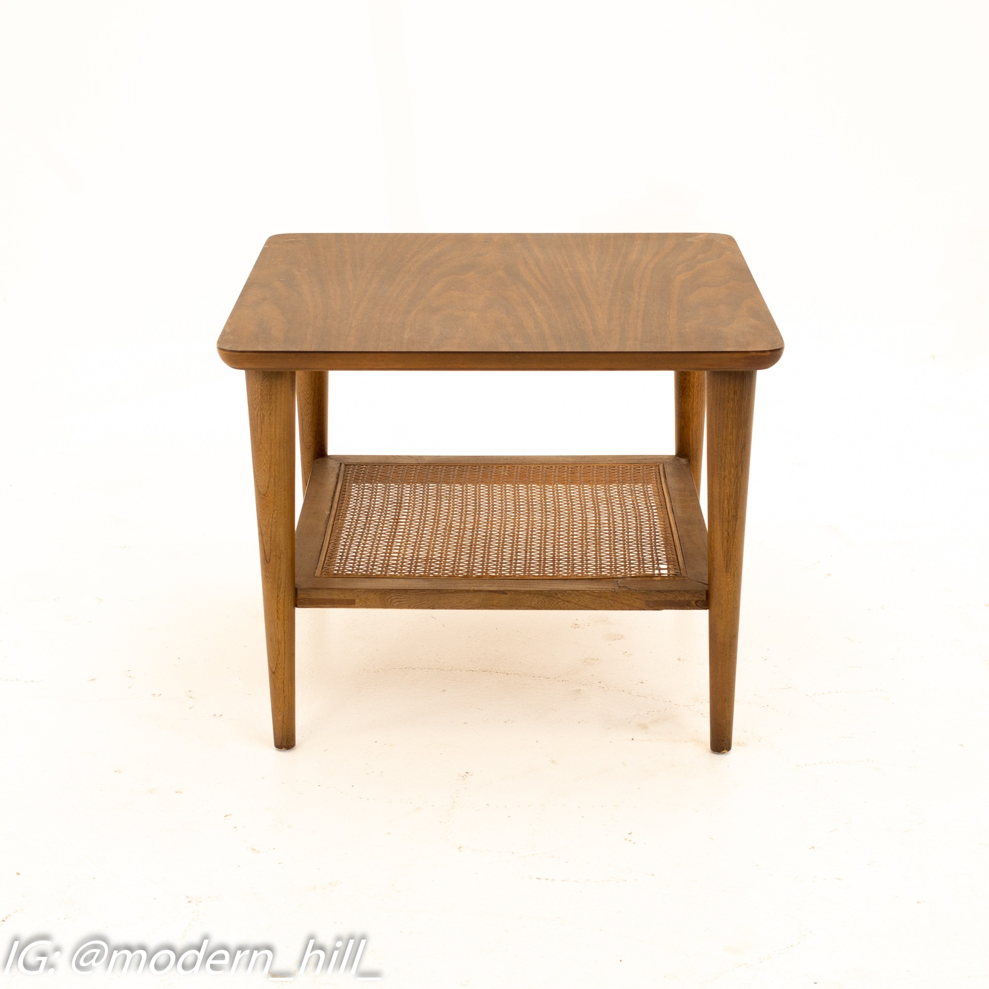 Lane Mid Century Walnut Cane and Formica Side End Tables - Pair