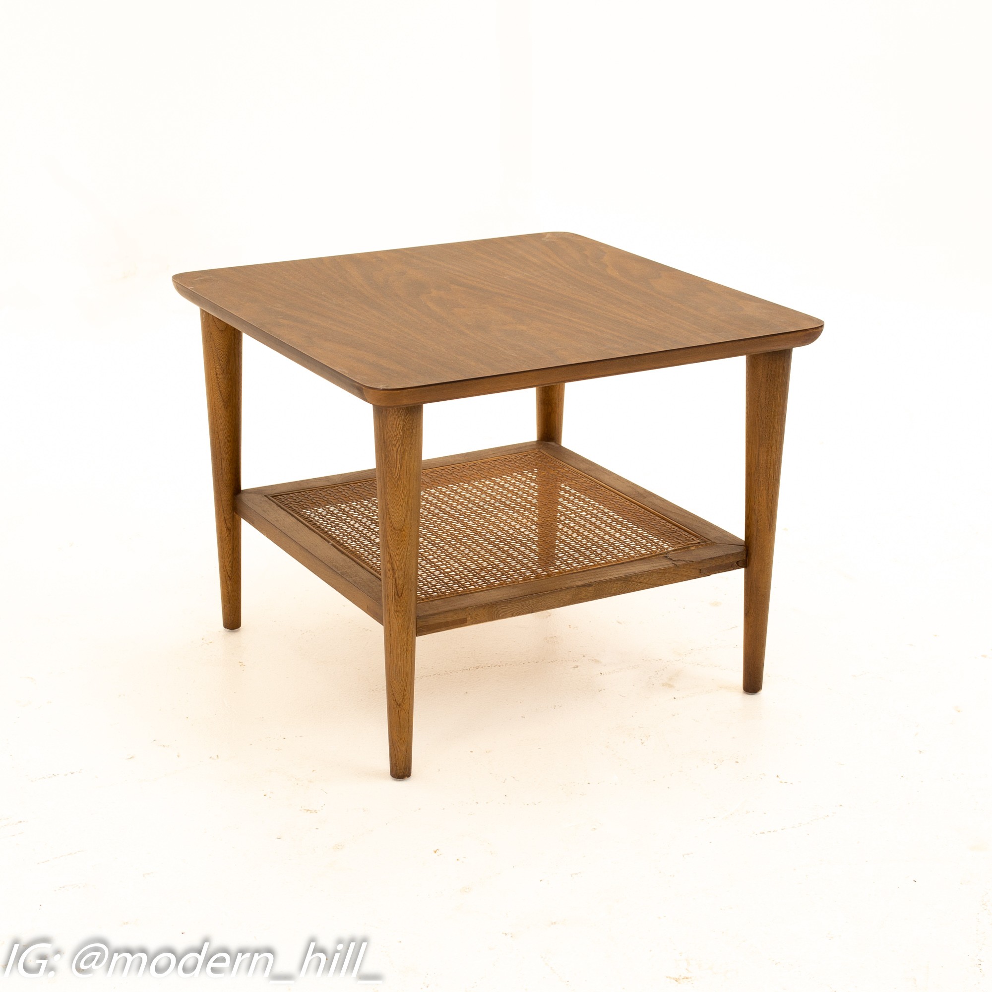 Lane Mid Century Walnut Cane and Formica Side End Tables - Pair
