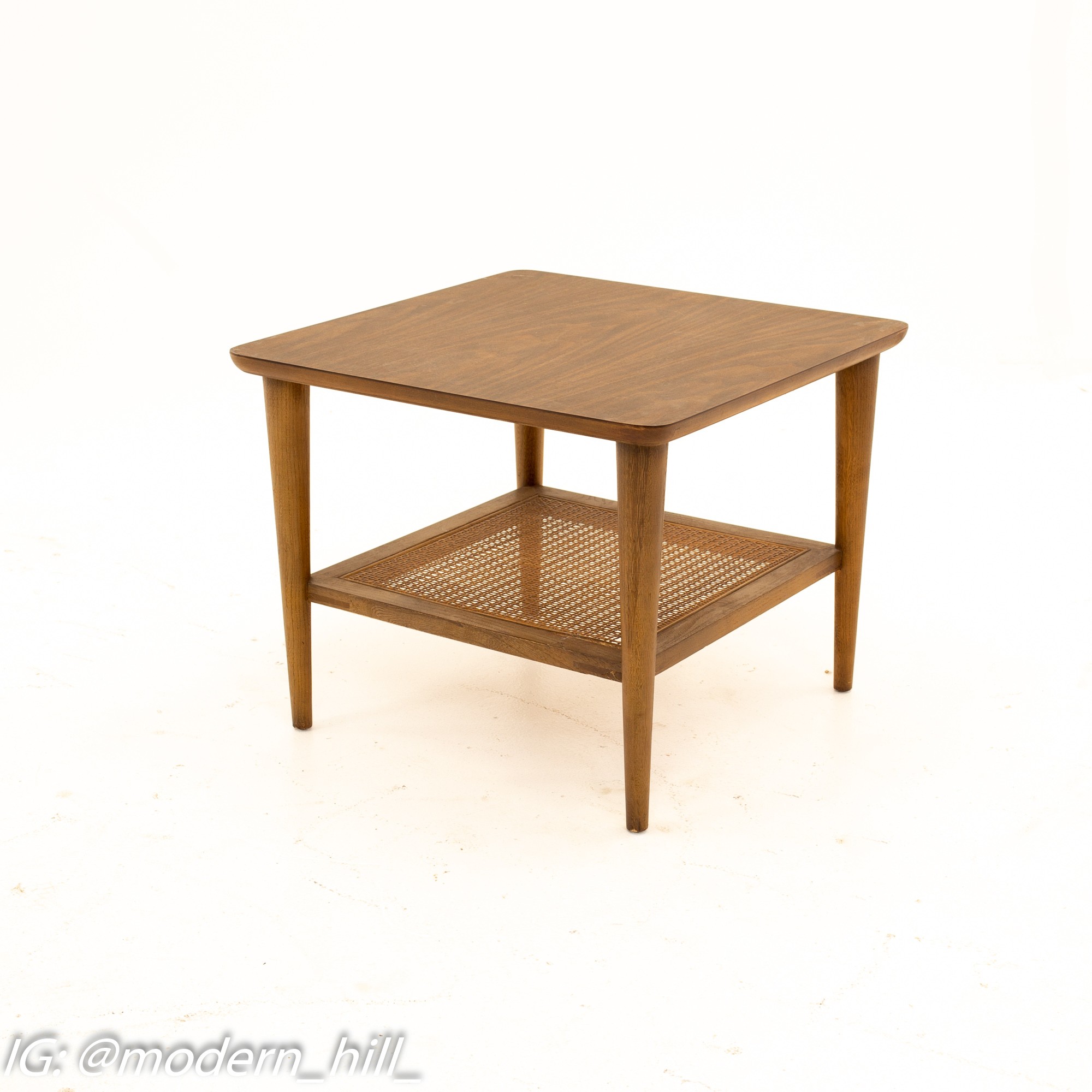 Lane Mid Century Walnut Cane and Formica Side End Tables - Pair