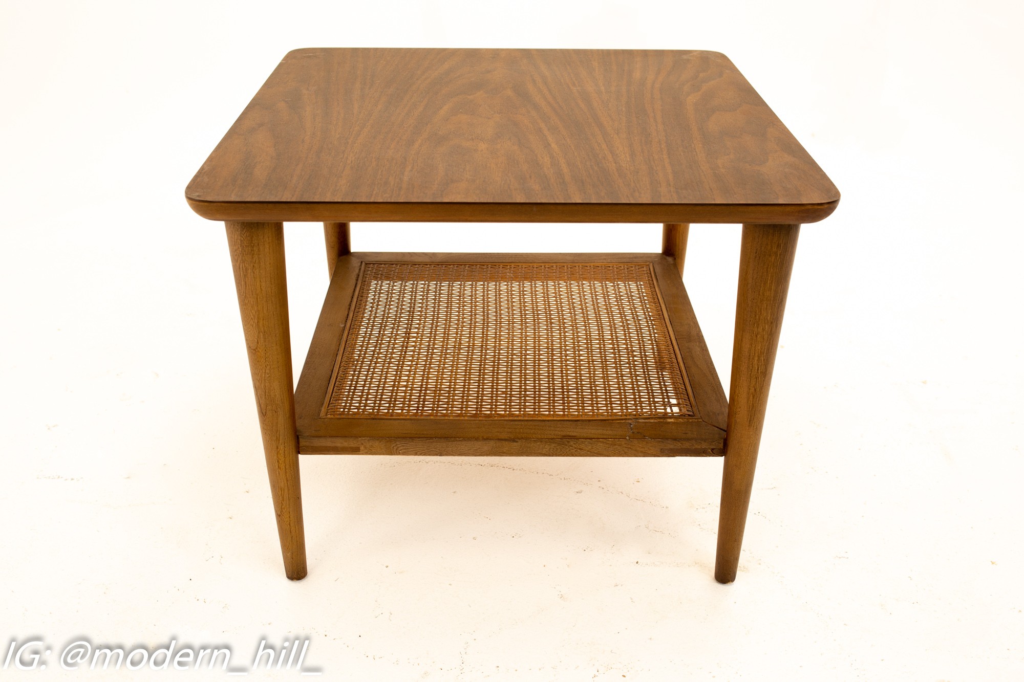 Lane Mid Century Walnut Cane and Formica Side End Tables - Pair