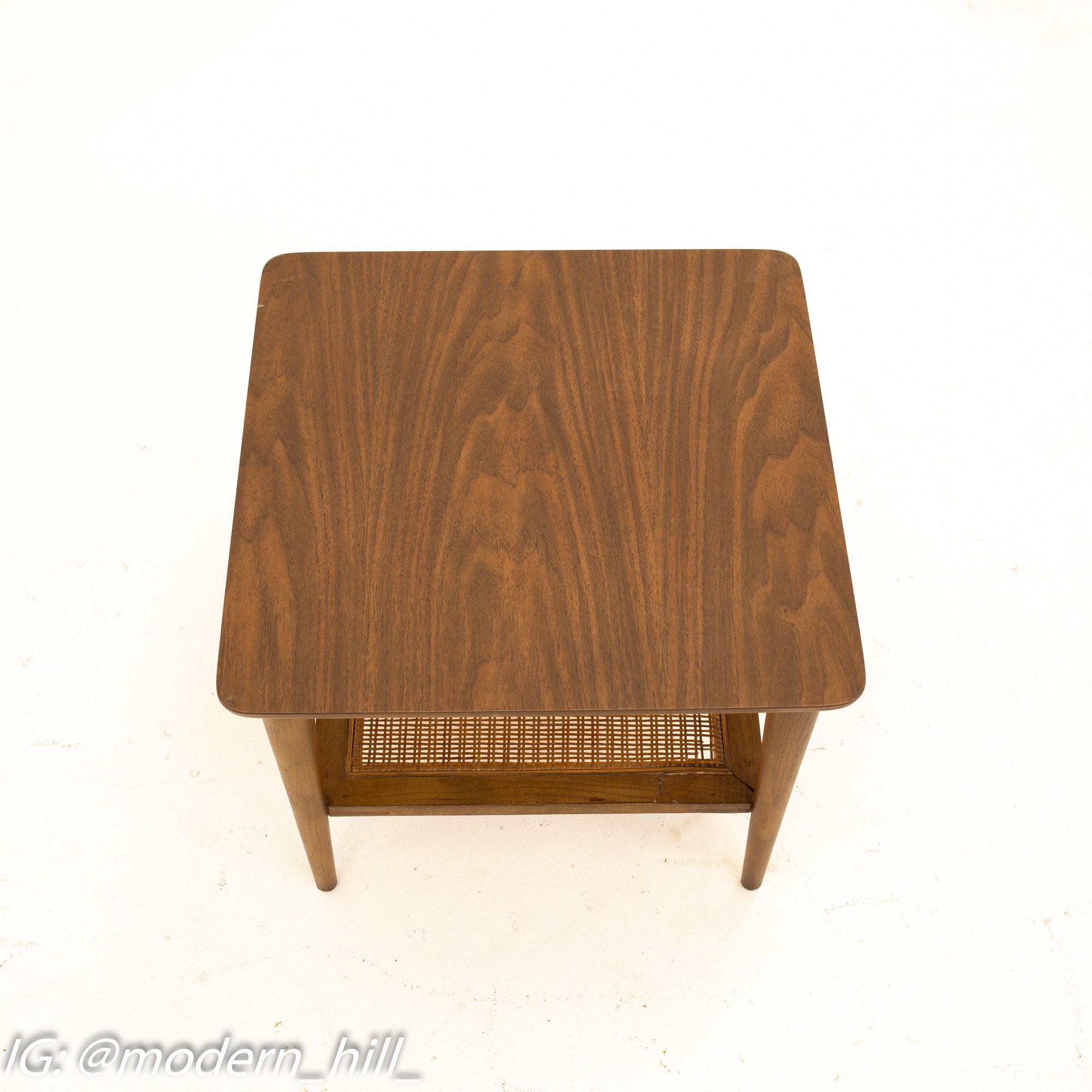 Lane Mid Century Walnut Cane and Formica Side End Tables - Pair