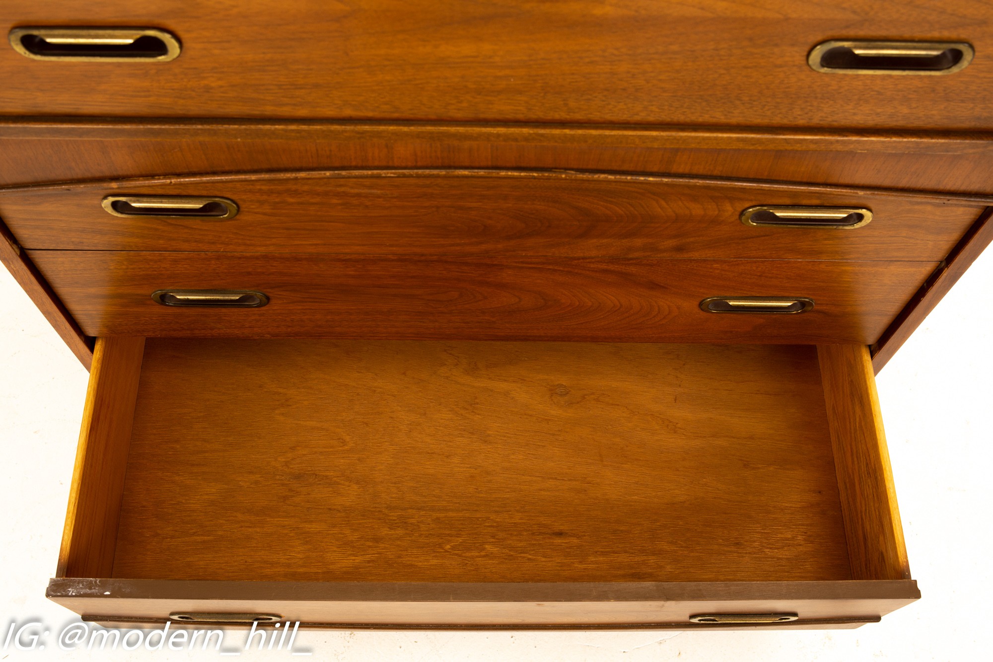Mainline by Hooker Mid Century Walnut & Brass 5 Drawer Highboy Dresser