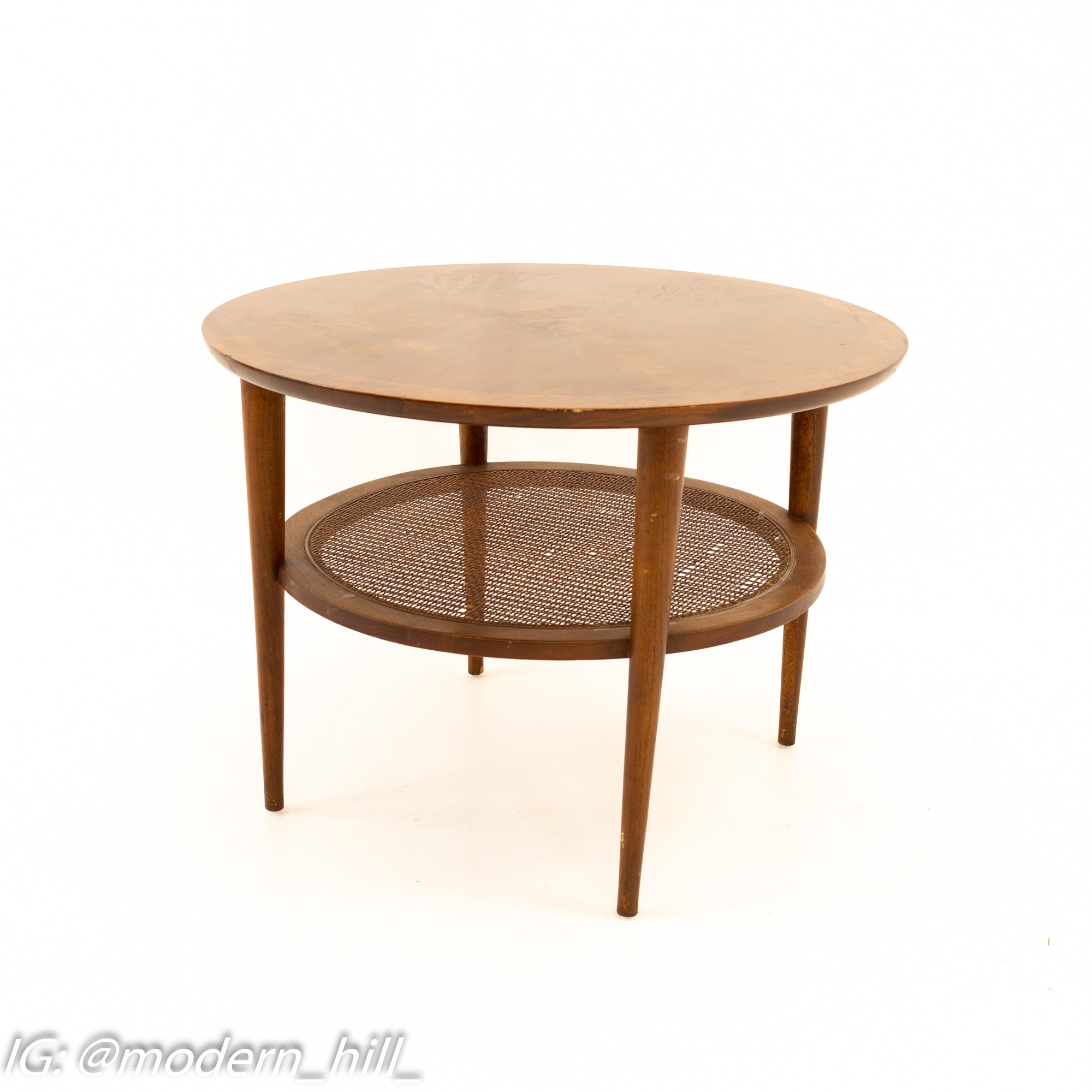 Lane Mid Century Round Walnut and Cane Side Table