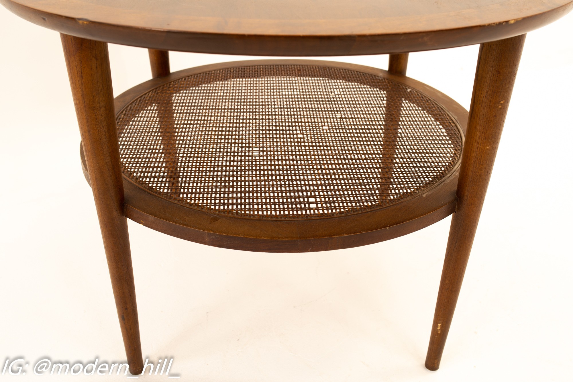 Lane Mid Century Round Walnut and Cane Side Table