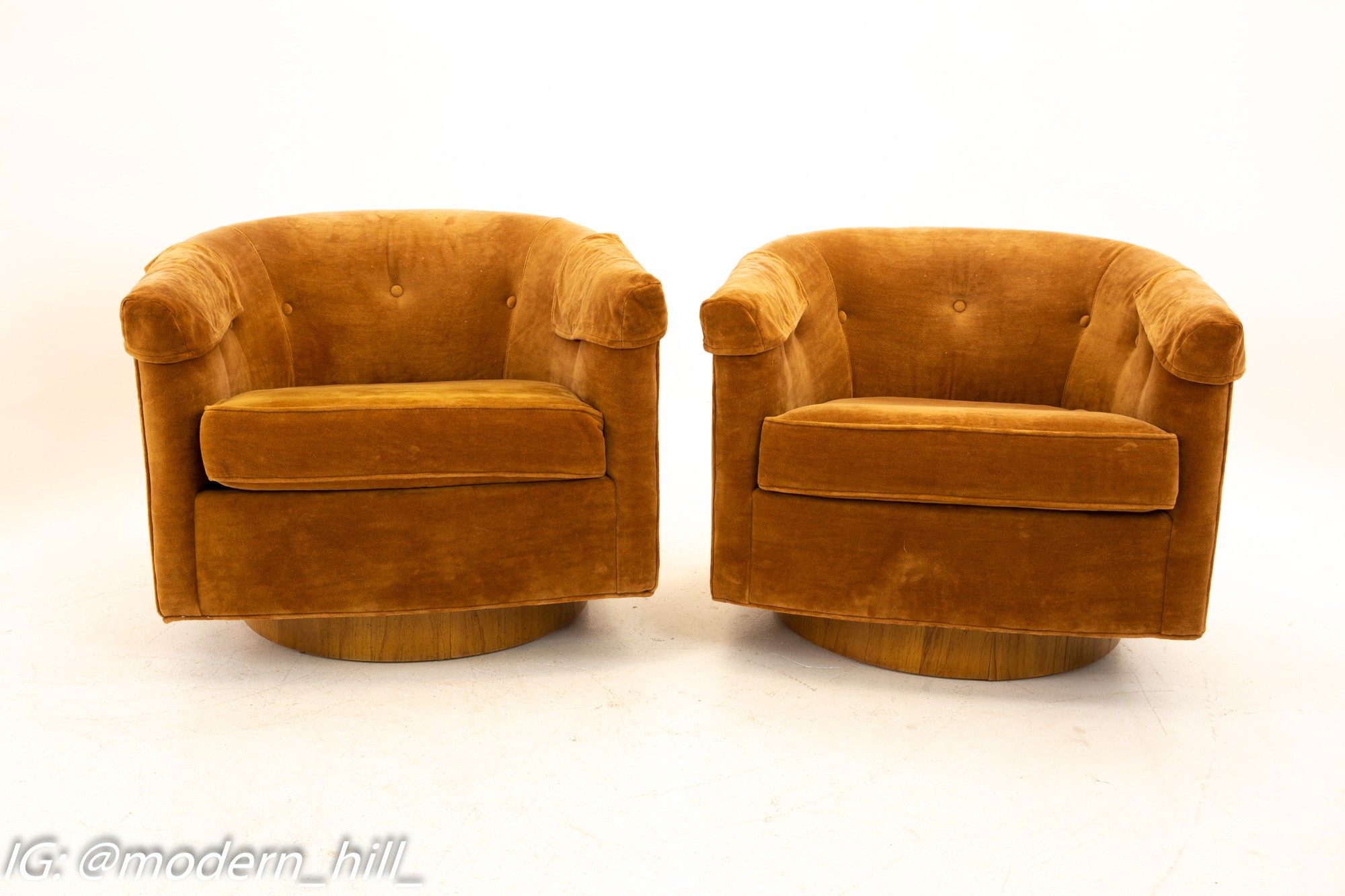 Milo Baughman Style Mid Century Barrel Swivel Lounge Chairs - Pair