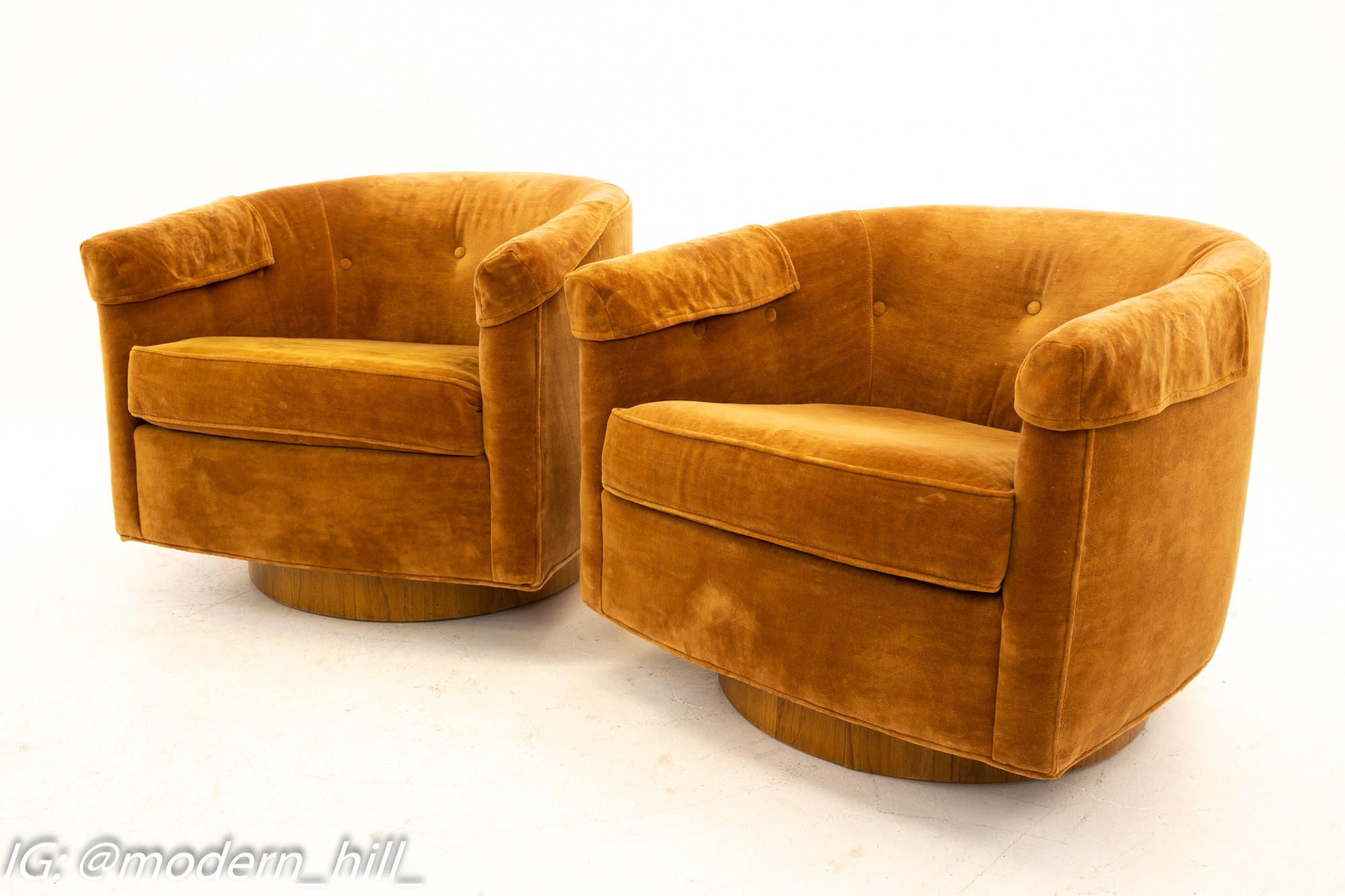 Milo Baughman Style Mid Century Barrel Swivel Lounge Chairs - Pair