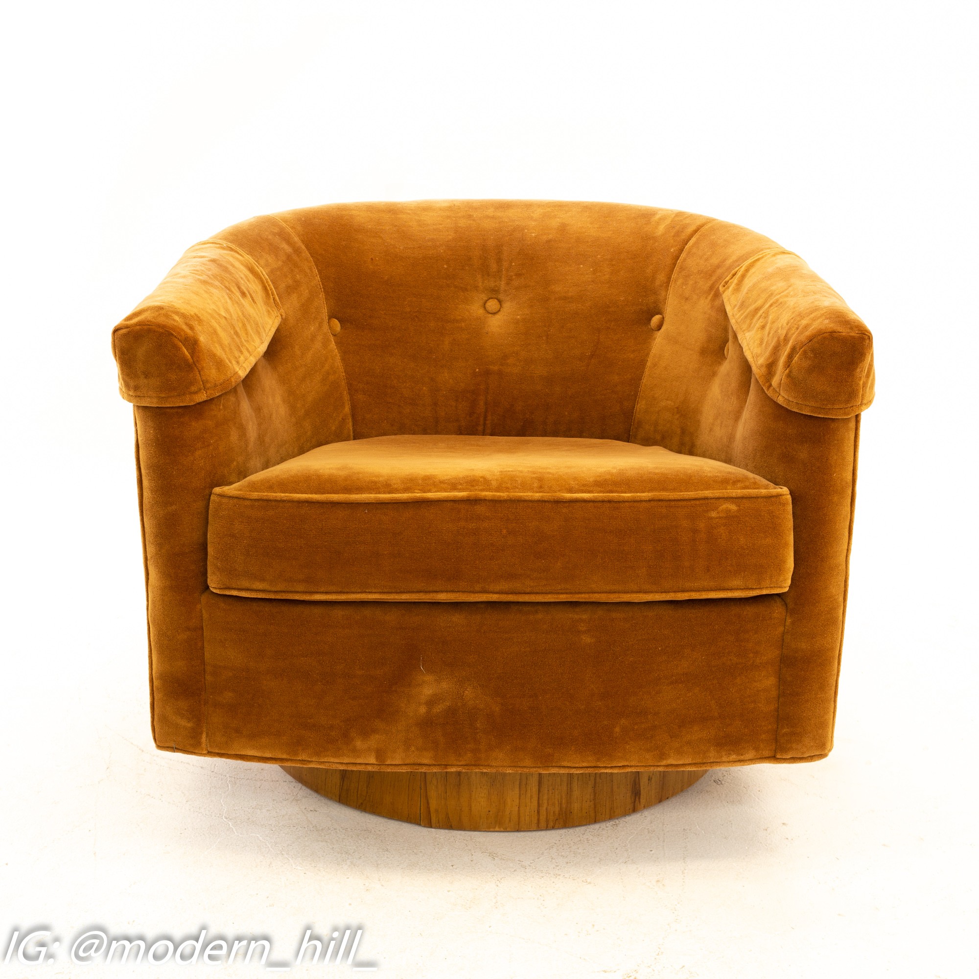 Milo Baughman Style Mid Century Barrel Swivel Lounge Chairs - Pair