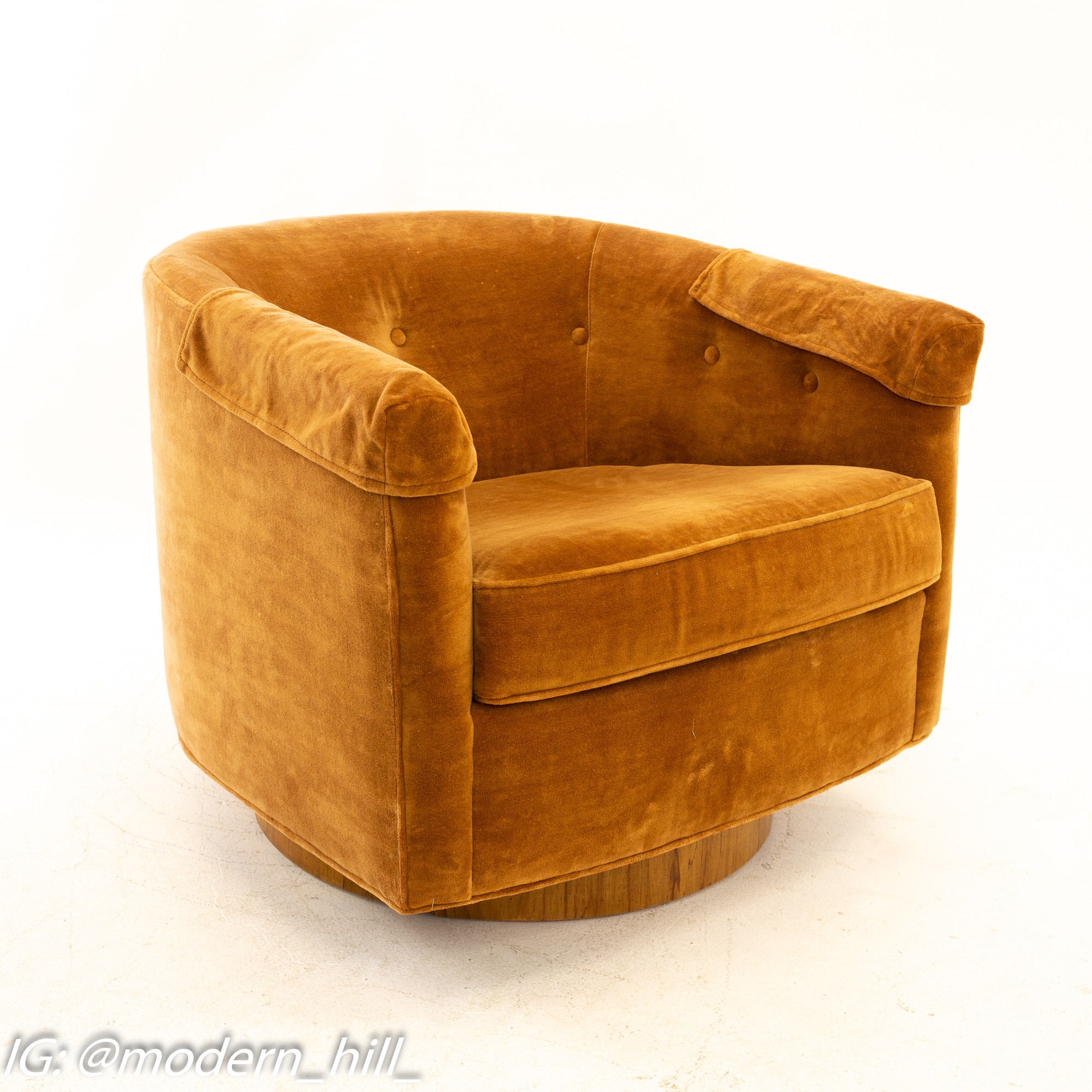 Milo Baughman Style Mid Century Barrel Swivel Lounge Chairs - Pair