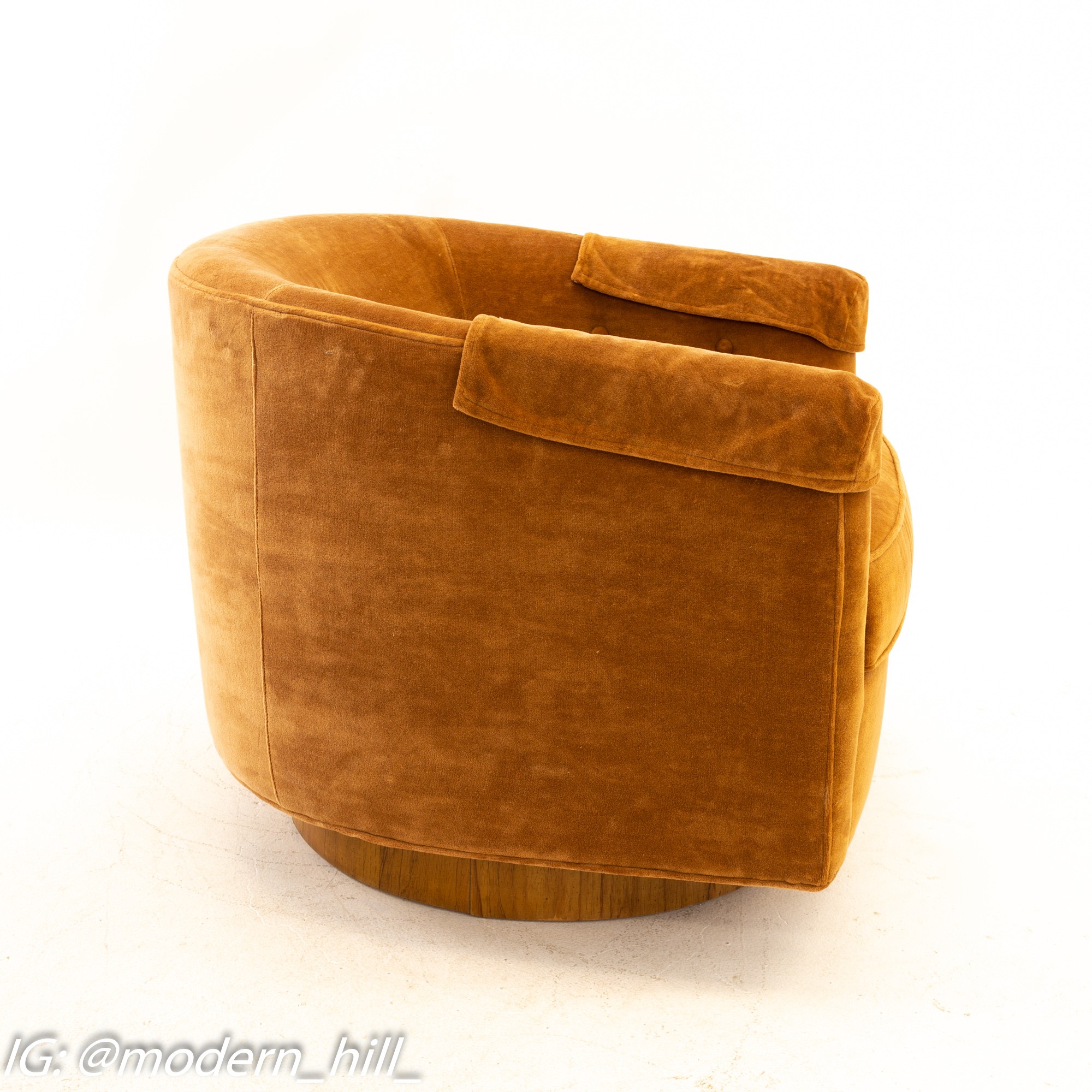 Milo Baughman Style Mid Century Barrel Swivel Lounge Chairs - Pair