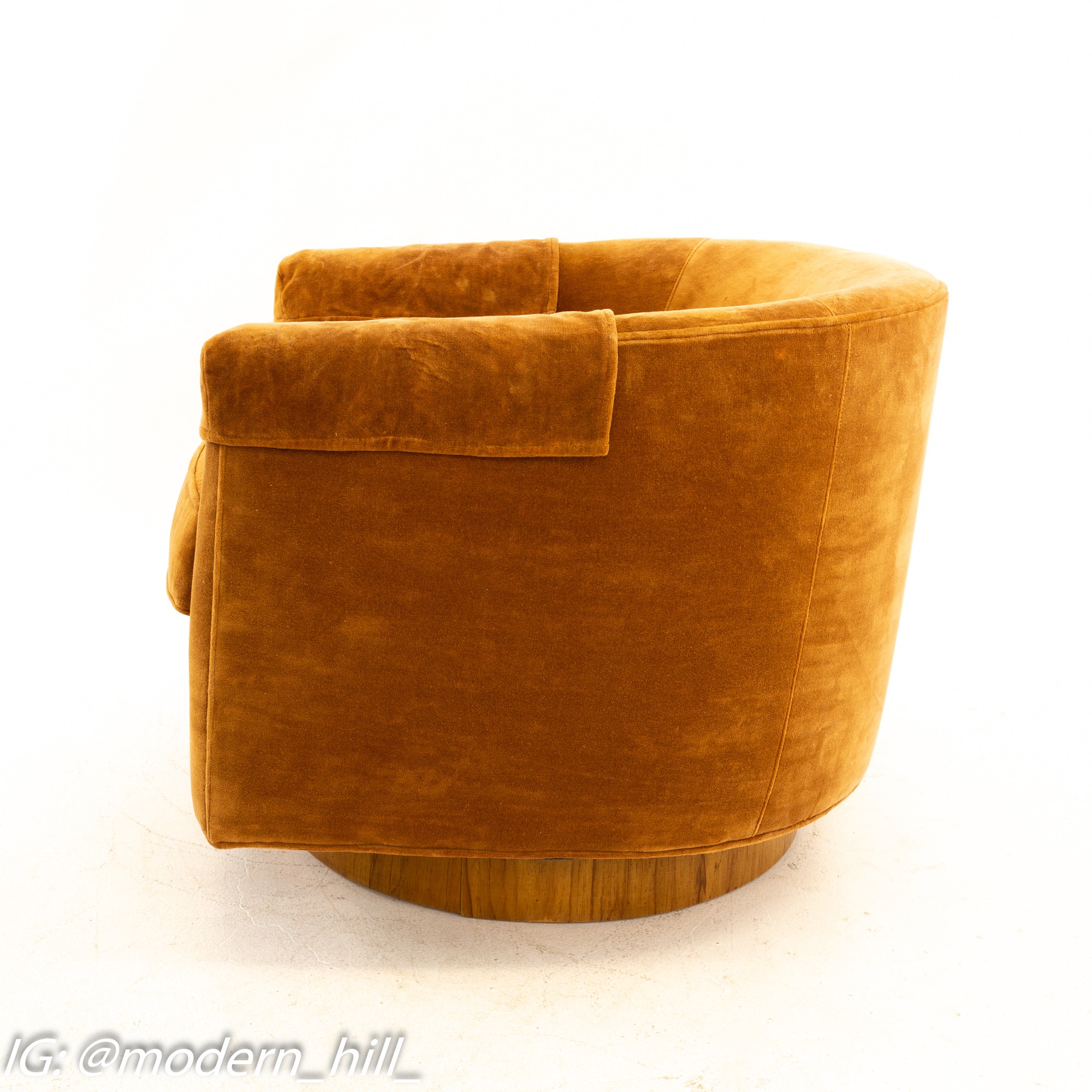 Milo Baughman Style Mid Century Barrel Swivel Lounge Chairs - Pair