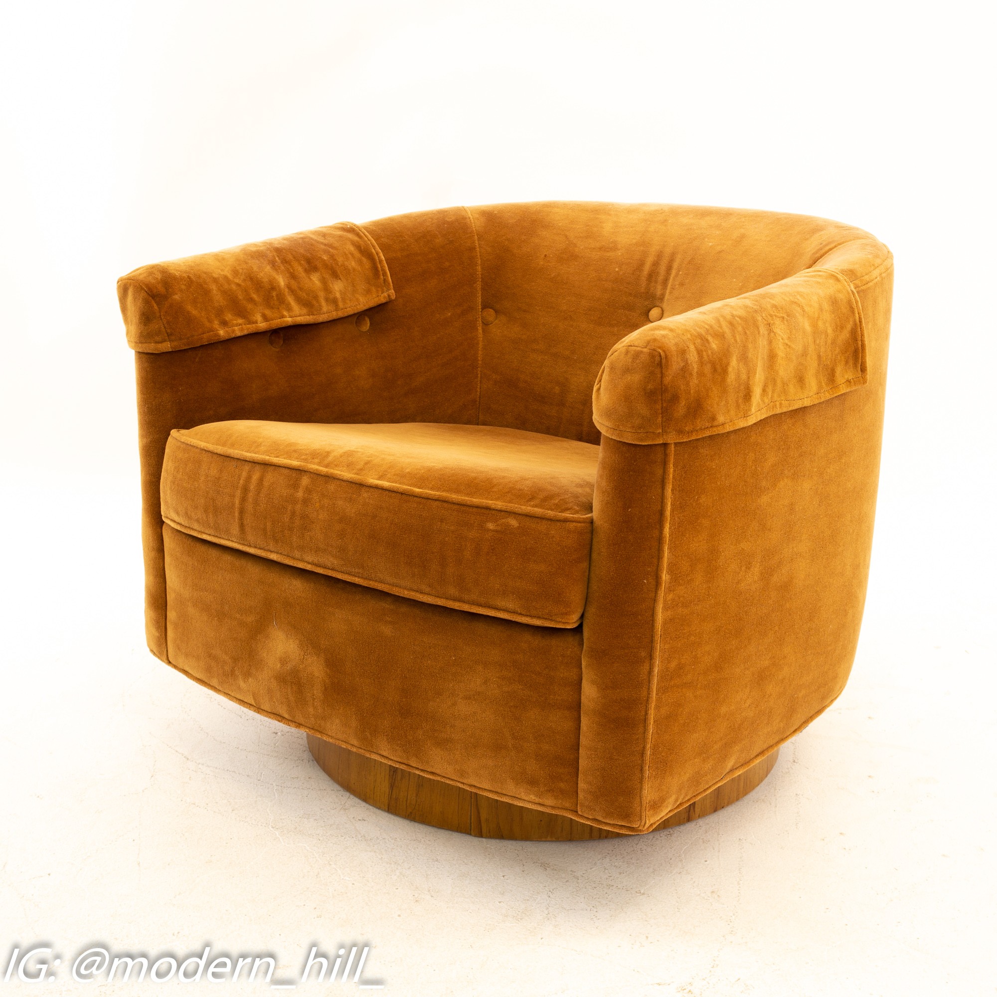 Milo Baughman Style Mid Century Barrel Swivel Lounge Chairs - Pair